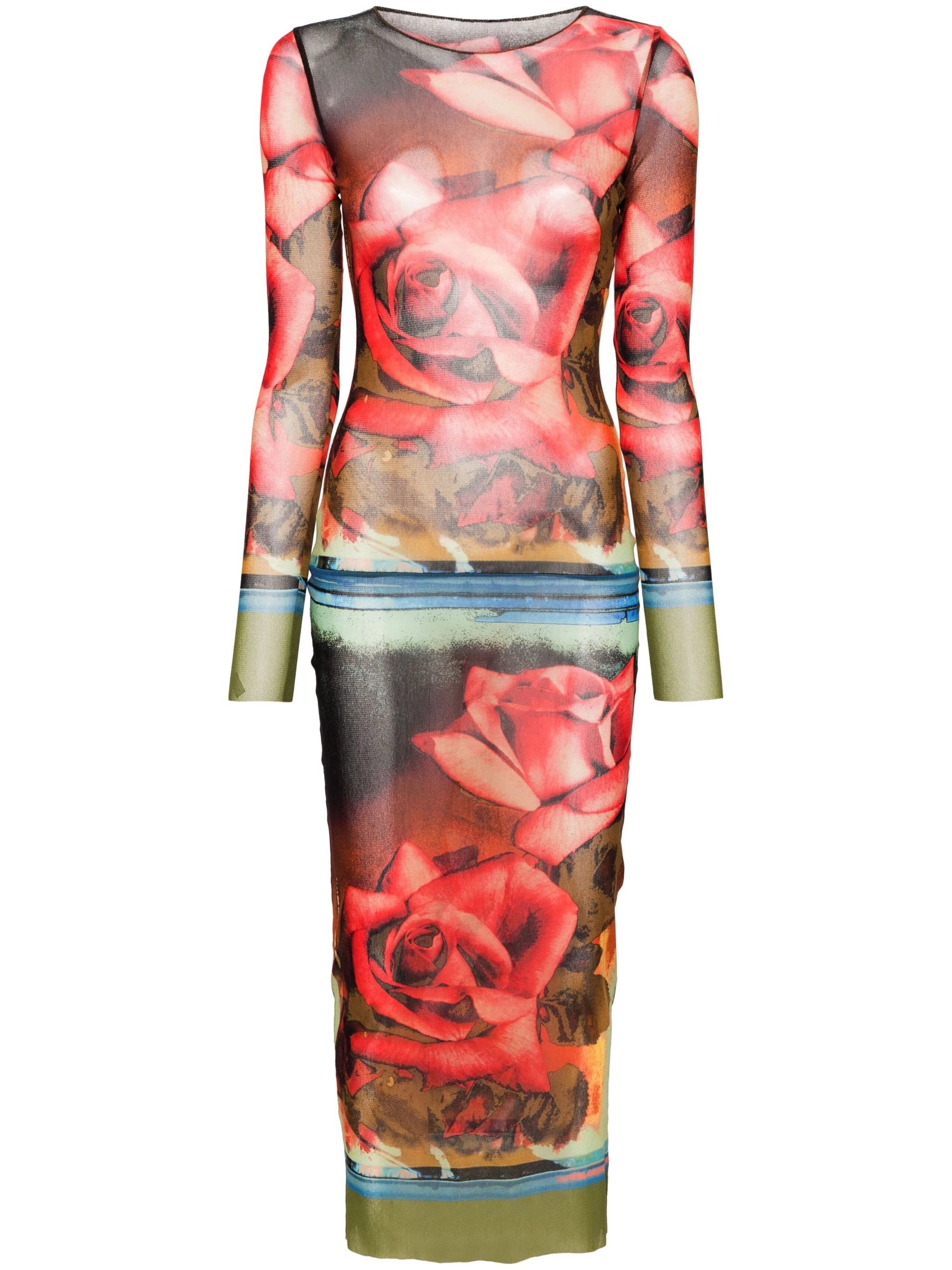 JEAN PAUL GAULTIER Women Printed "Roses" Mesh Long Sleeves Dress - 5