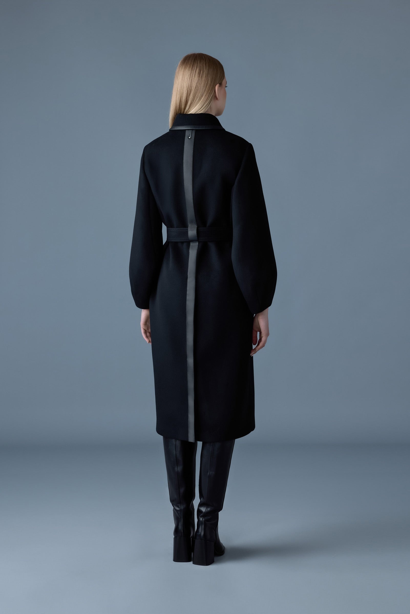 ZEVA Long wool balloon sleeve trench with leather detail - 4