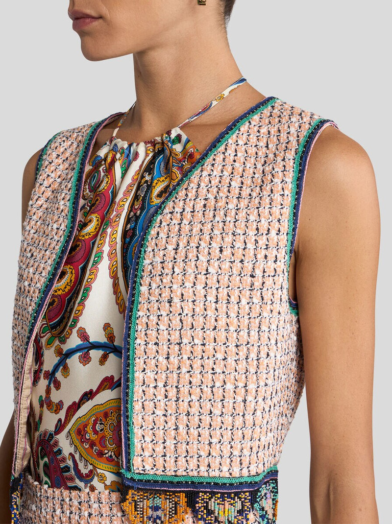 CROPPED JACQUARD WAISTCOAT WITH TWEED EFFECT, FRINGING AND CHECK MOTIF 2