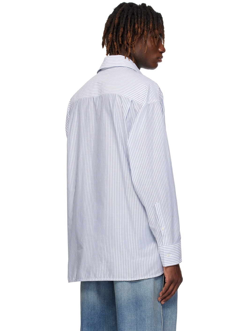 White & Blue Asymmetric Striped Poplin Shirt - 3