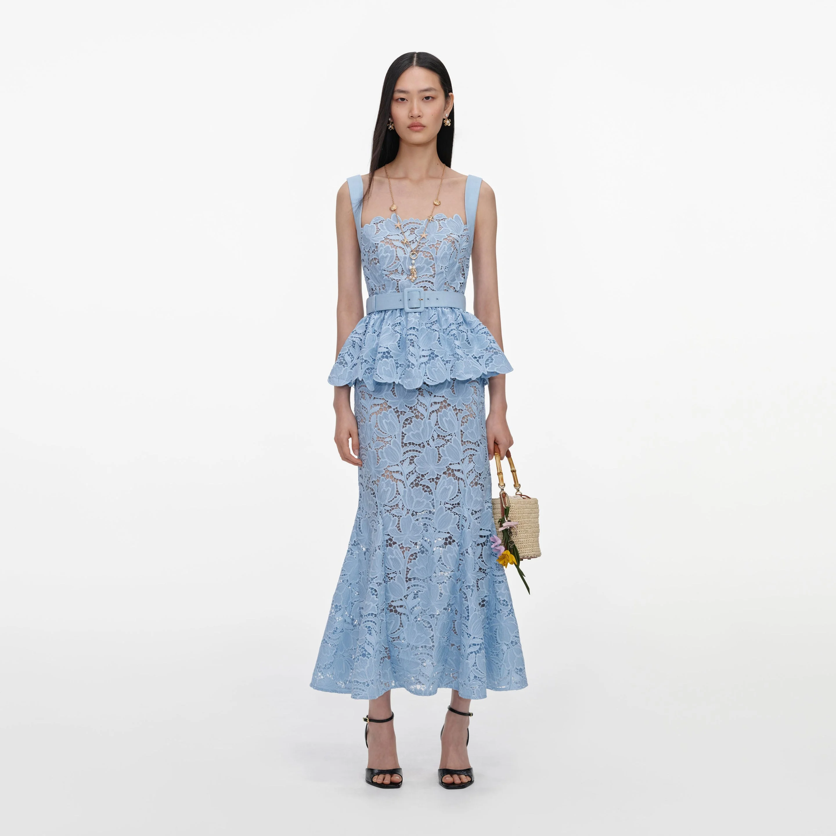 Blue Lace Peplum Midi Dress - 1
