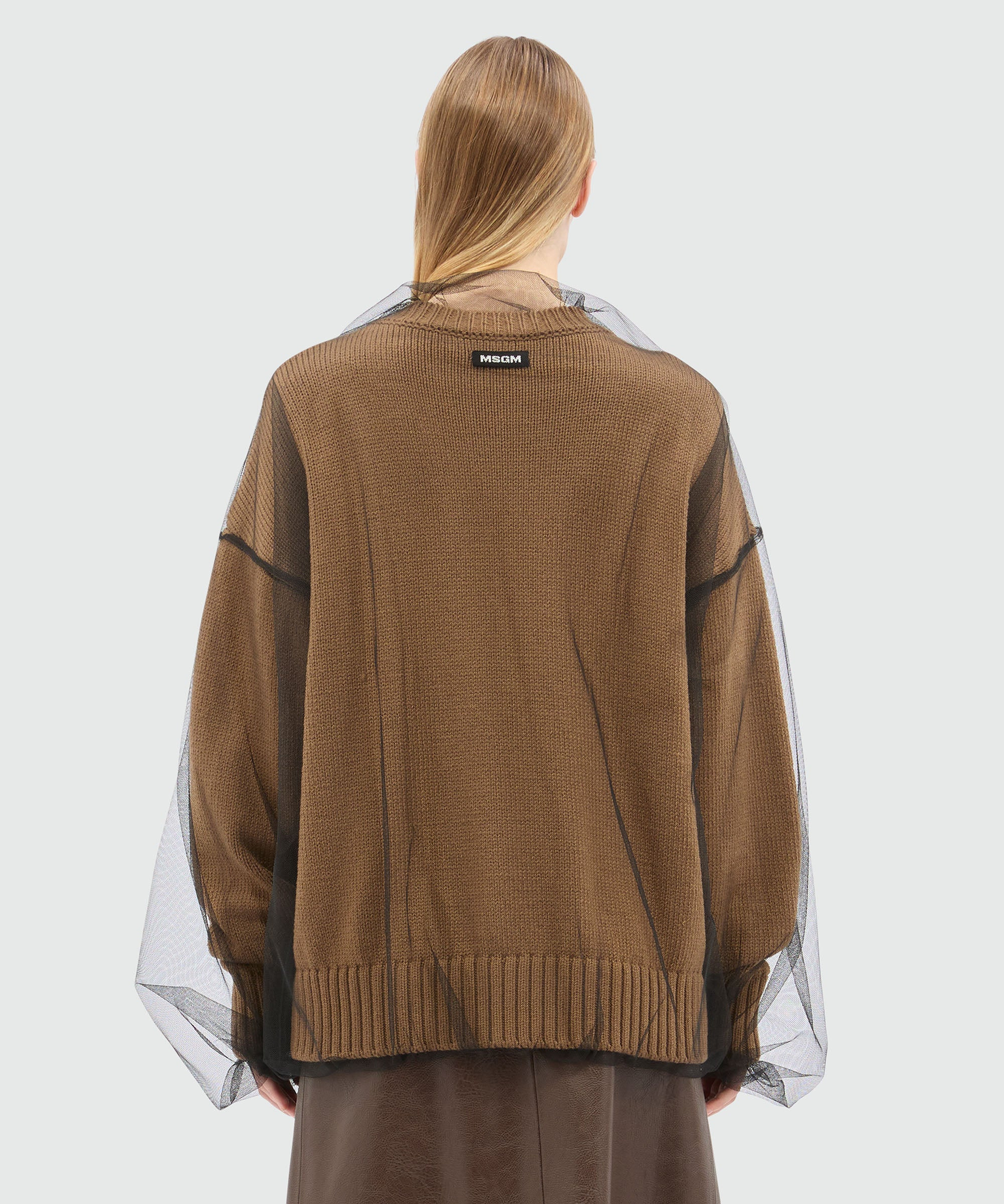 Beige wool blend cardigan with tulle layer - 3