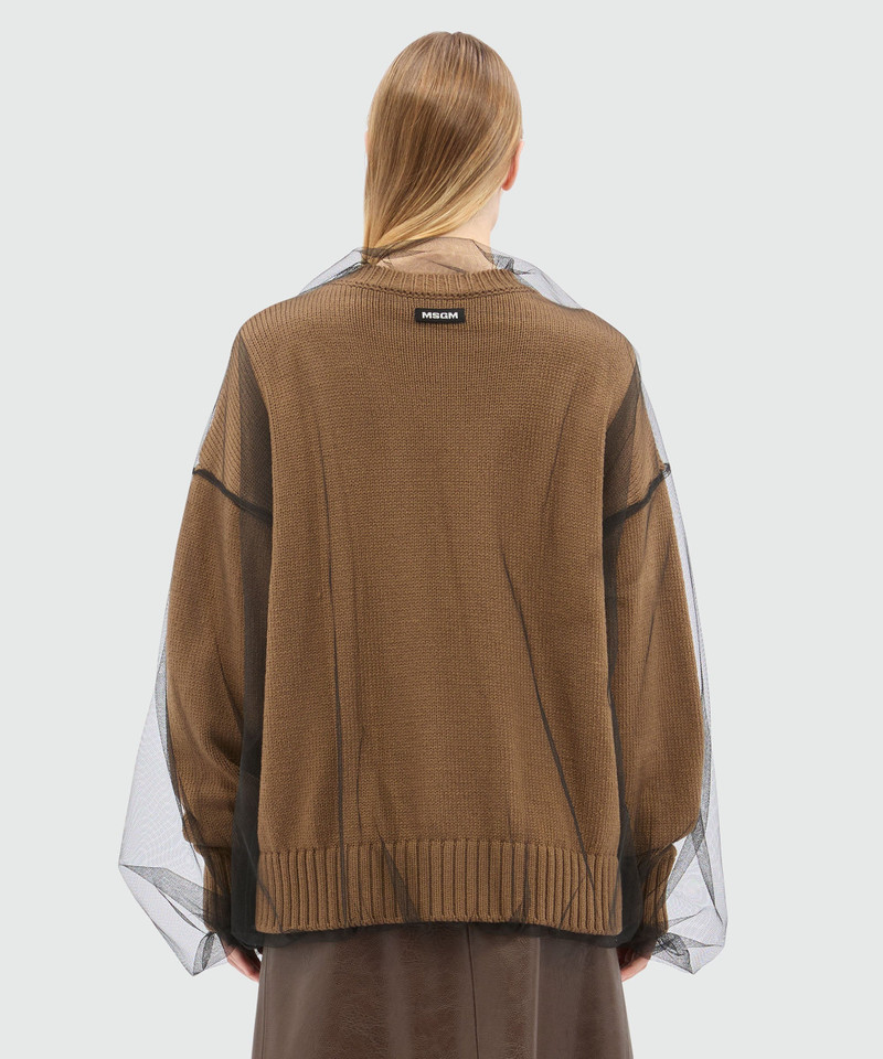 Beige wool blend cardigan with tulle layer 3