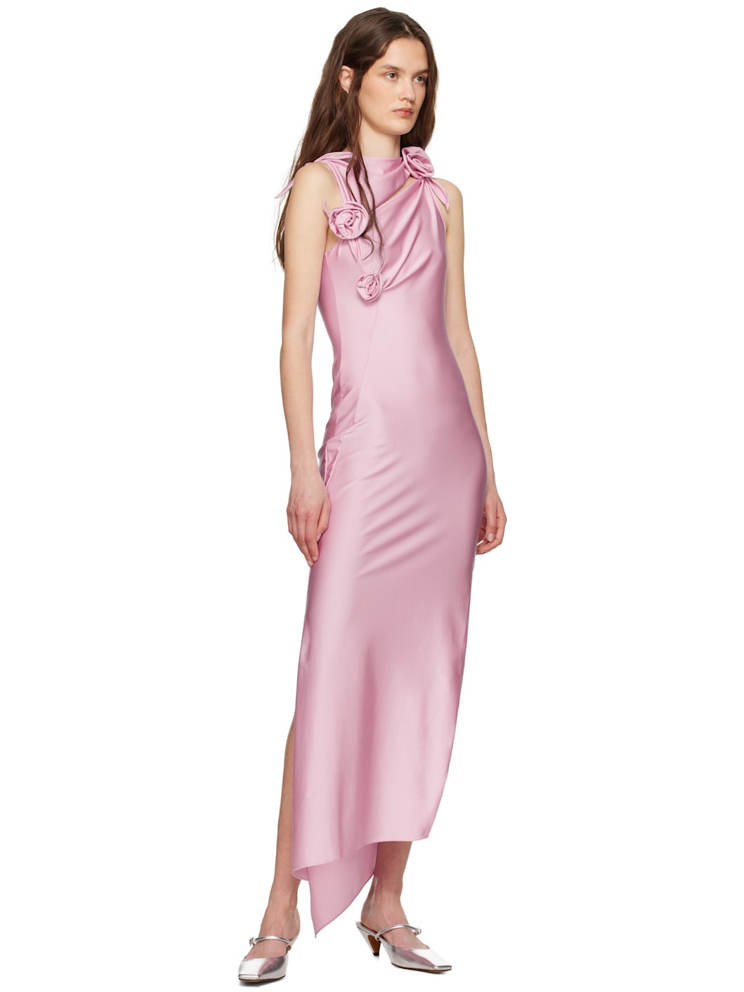 Pink Asymmetric Flower Maxi Dress - 4