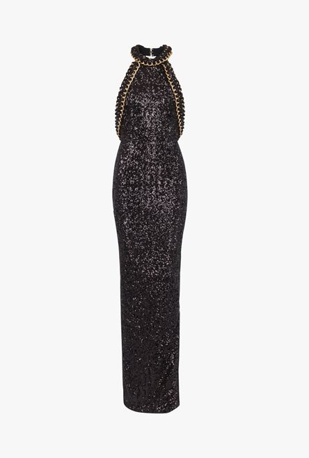 Long black and gold sequined embroidered dress - 1