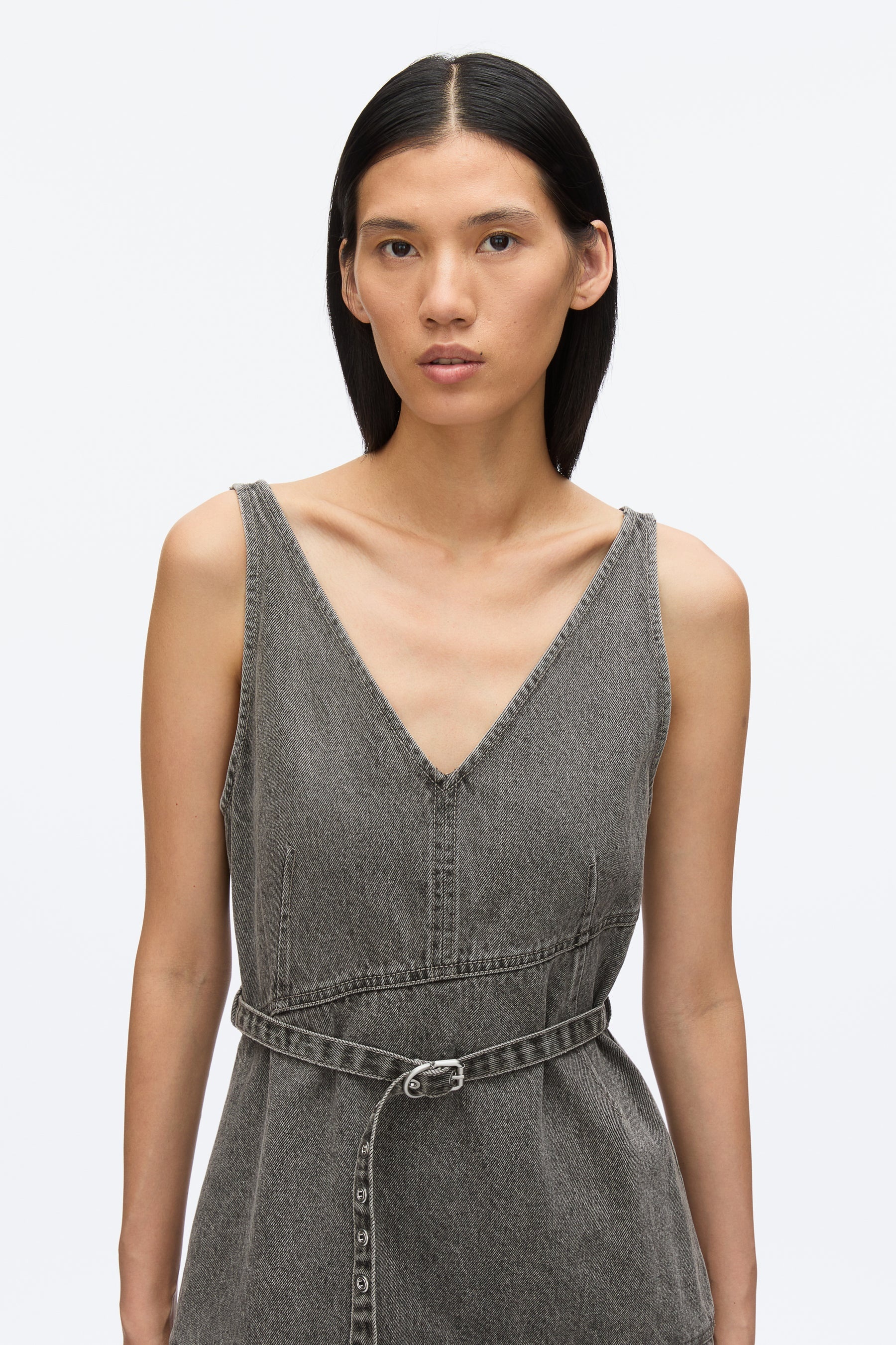 Denim V Neck Dress with Chiffon Hem - 5