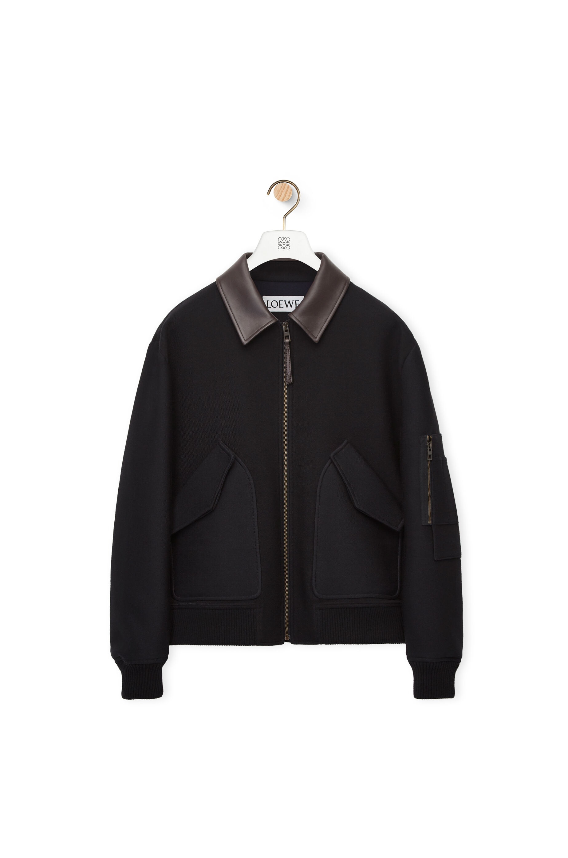 Leather collar bomber jacket in wool and silk - 1