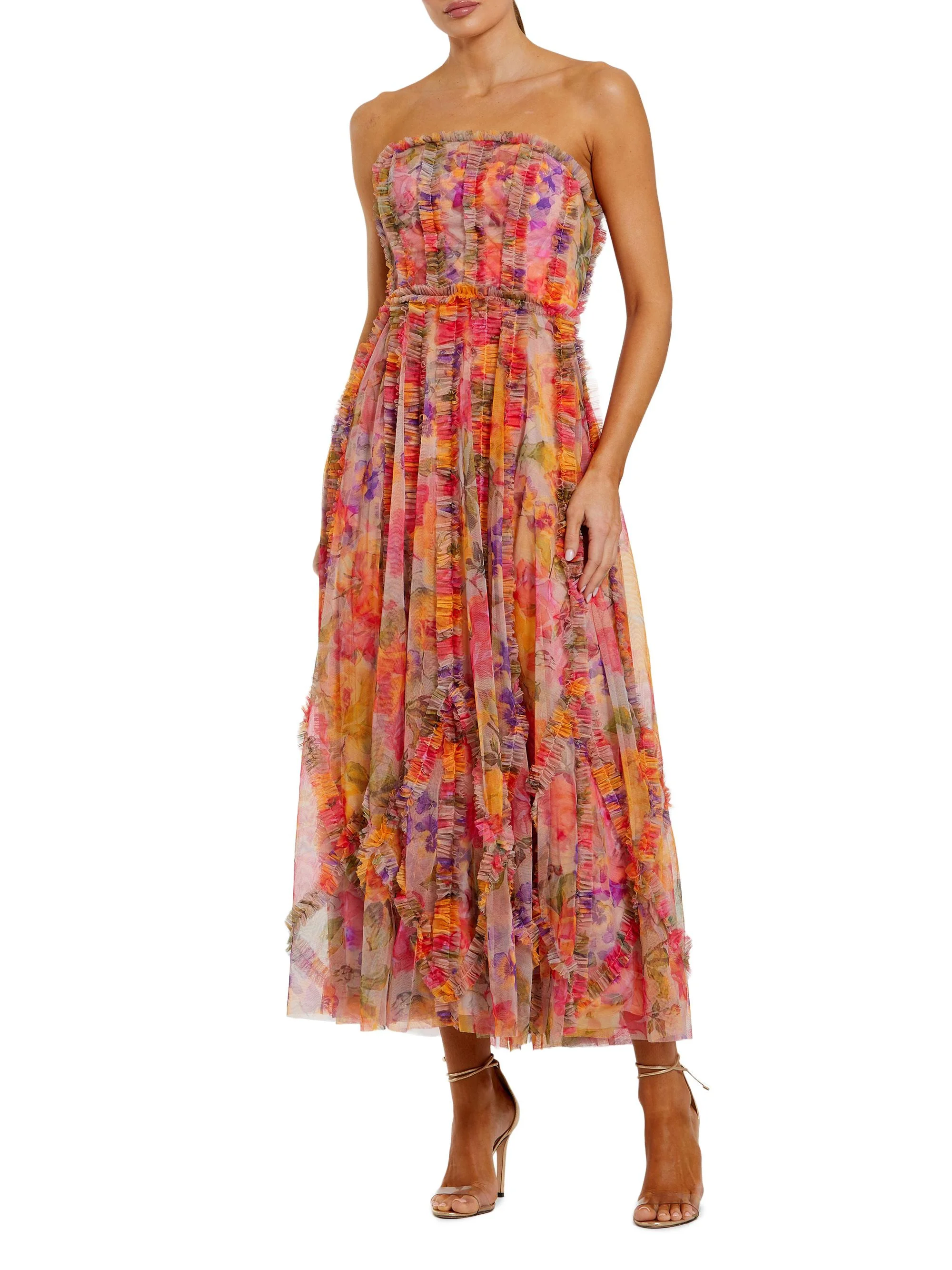 Women's Floral Mesh Ruffled Strapless Gown - Multi - 1