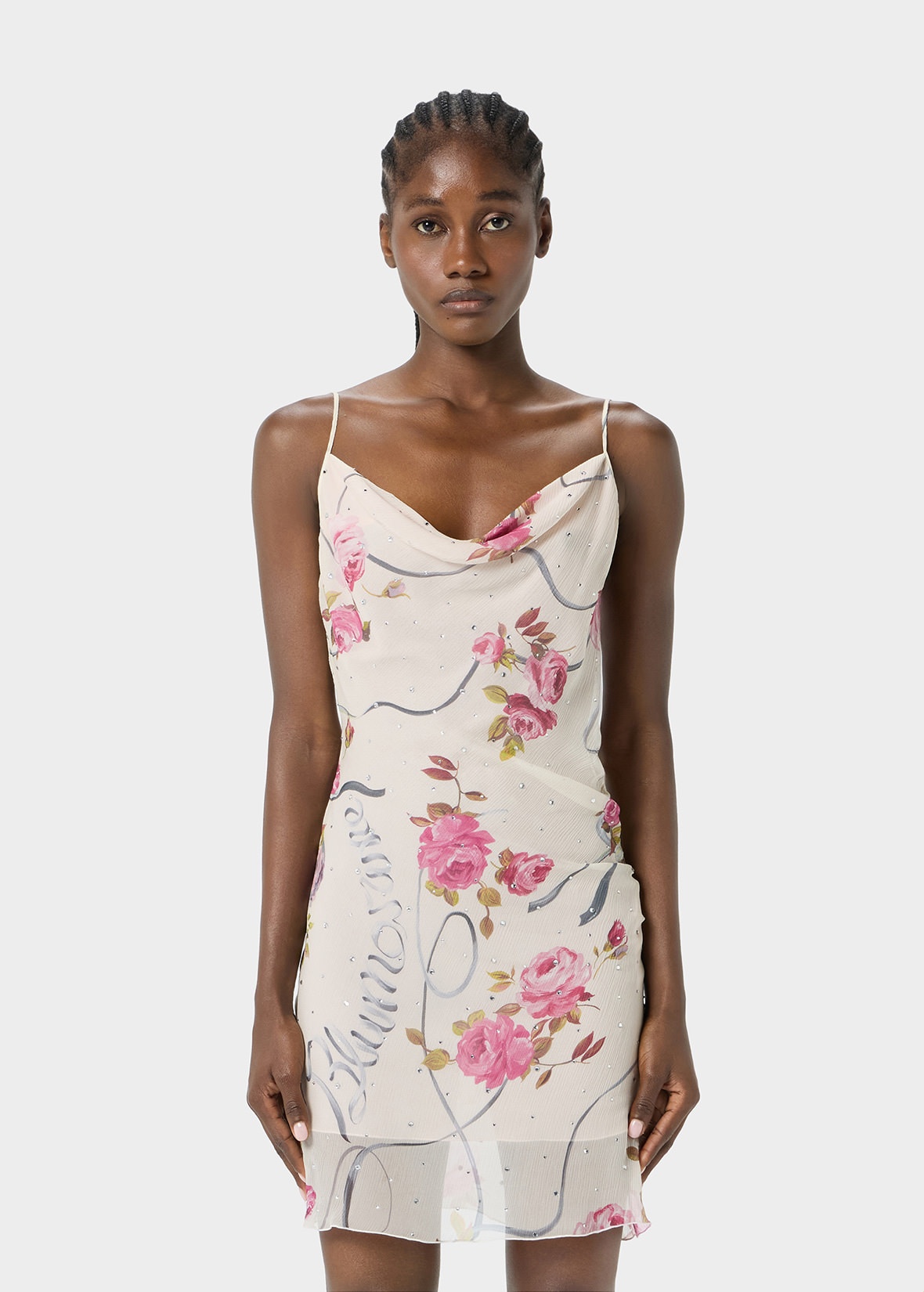 MINI DRESS IN PRINTED CREPONNE WITH RHINESTONE DECORATIONS - 3