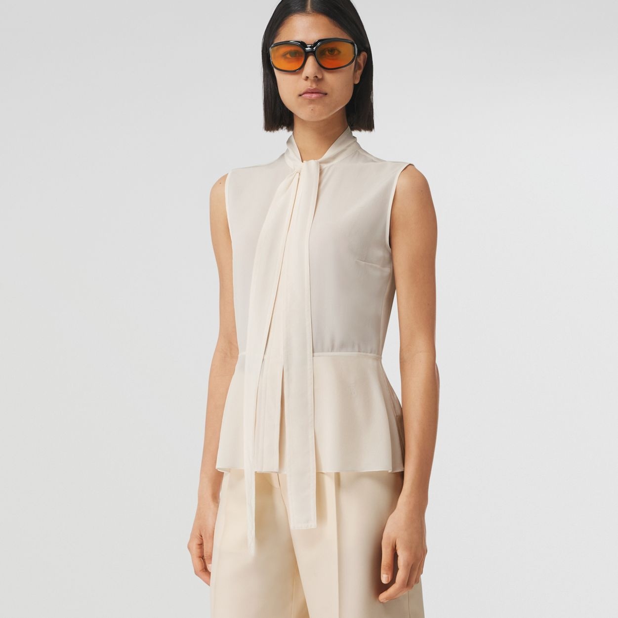 Sleeveless Silk Crepe de Chine Tie-neck Blouse - 2