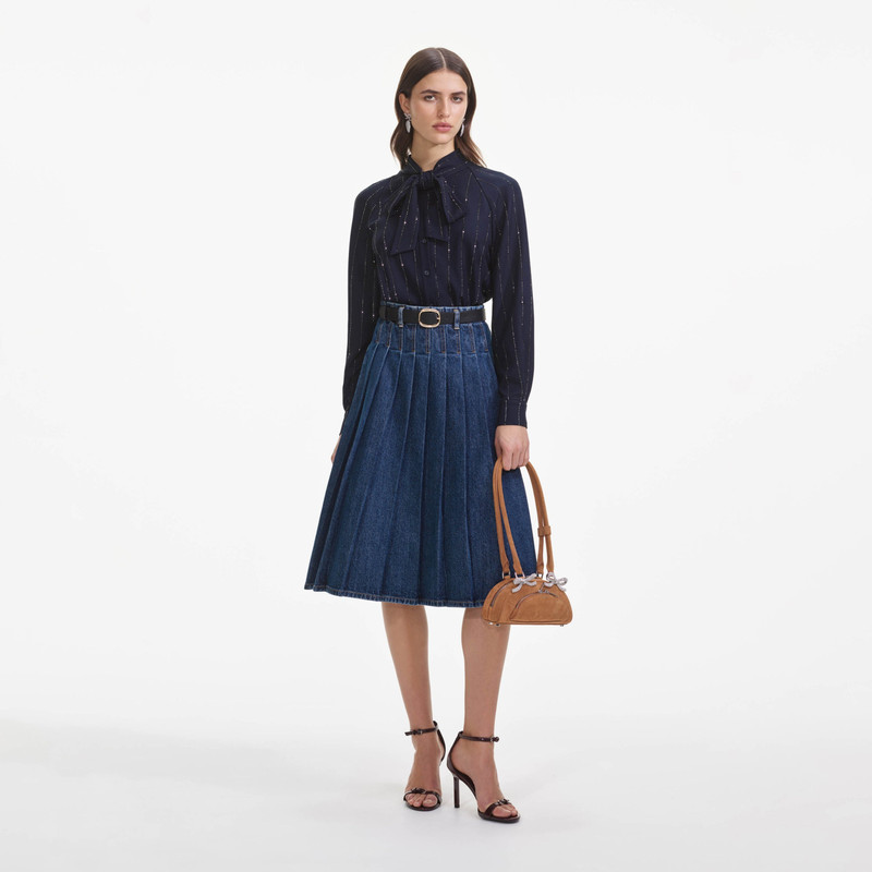 Pleated Denim Midi Skirt 1