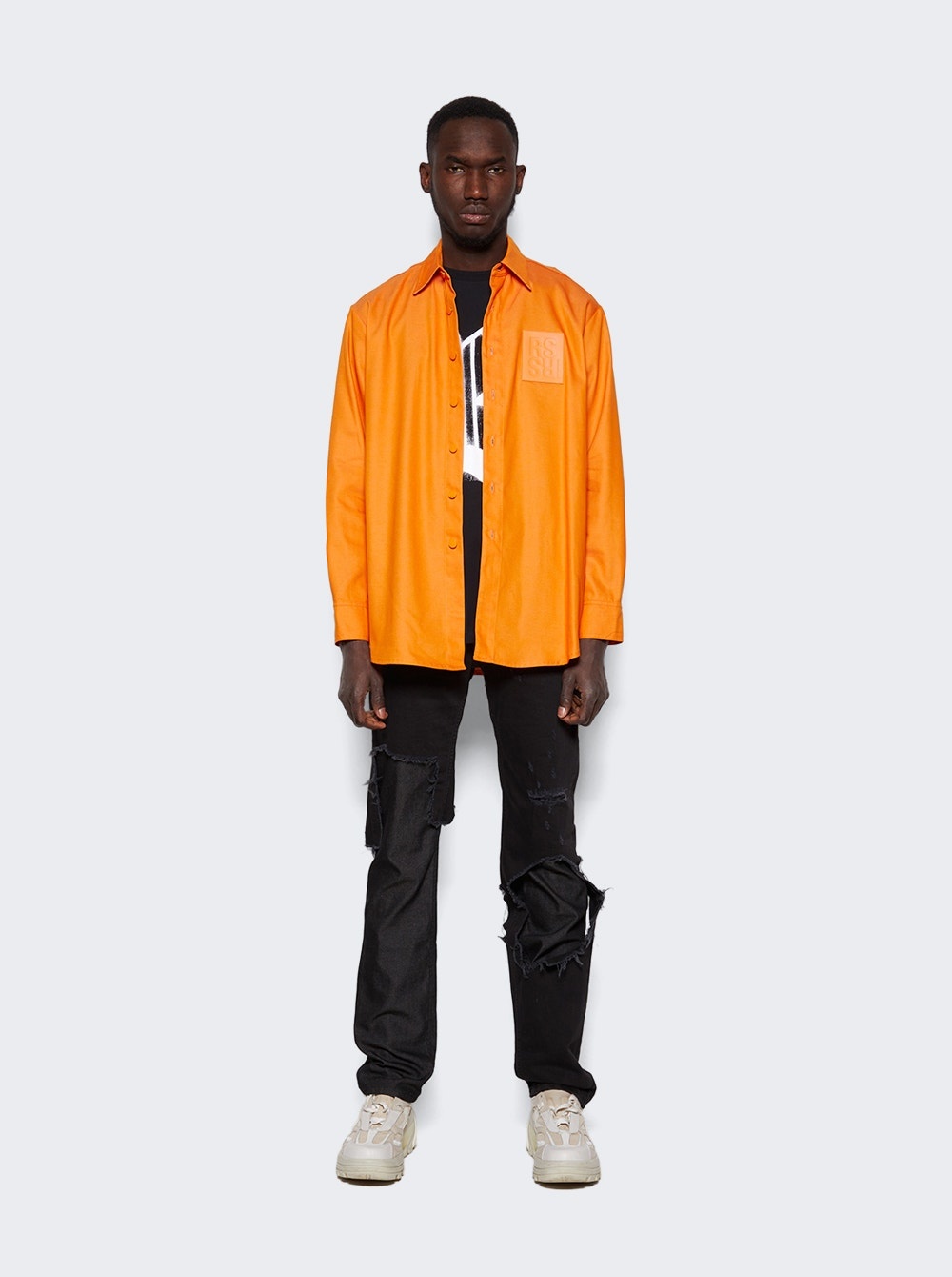Leather Patch Slim Fit Denim Shirt Orange - 2