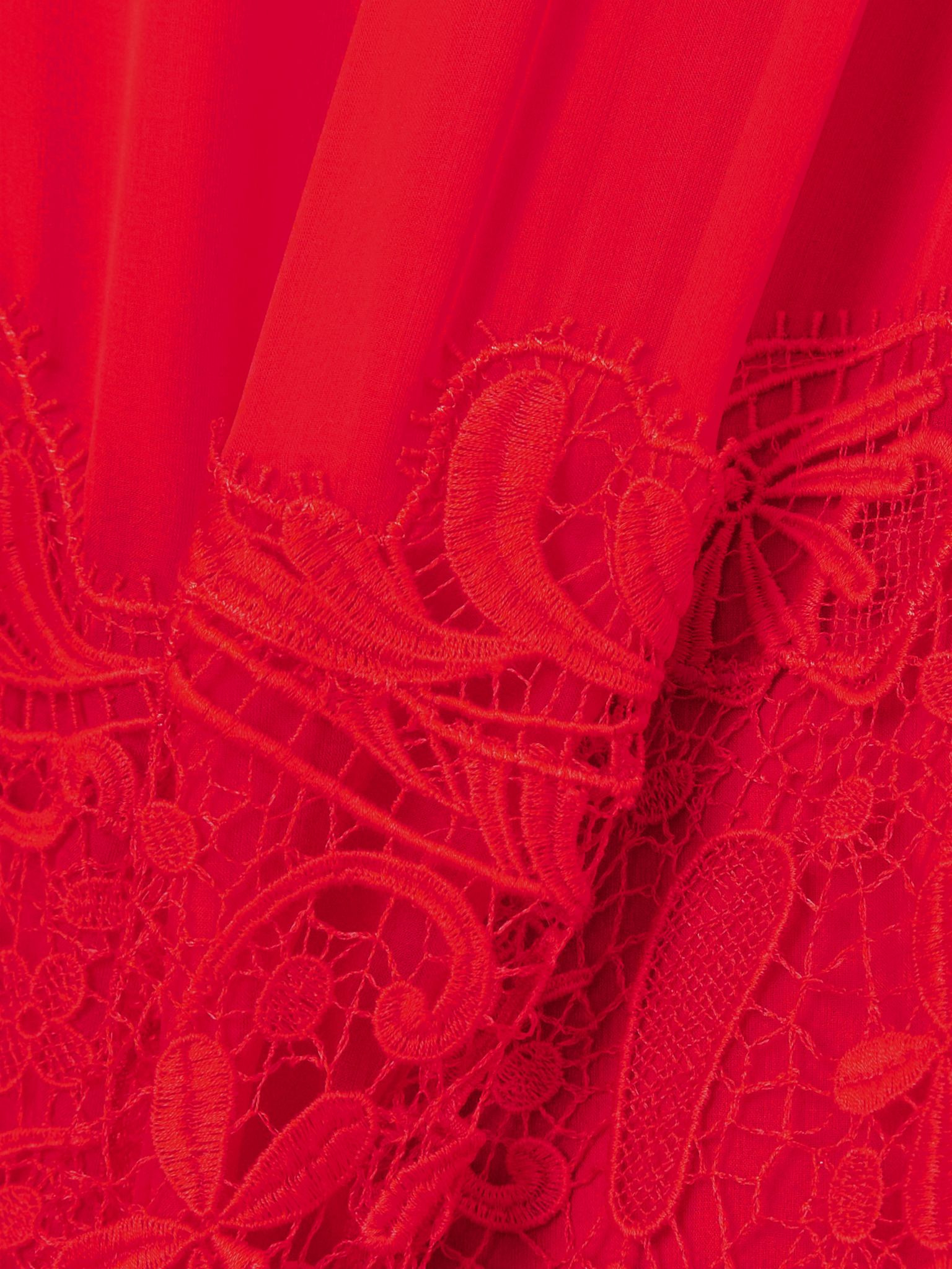 Draped satin- and lace-paneled silk-chiffon midi dress Red - 5