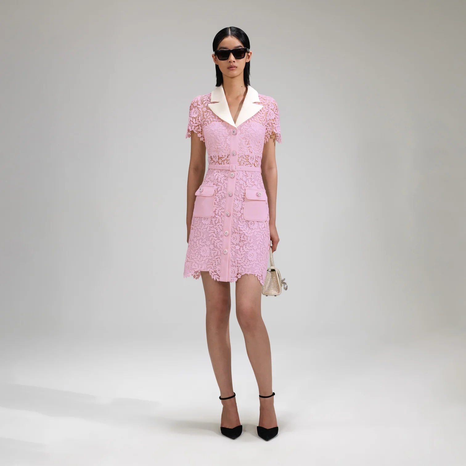 self-portrait Pink Rose Lace Mini Dress