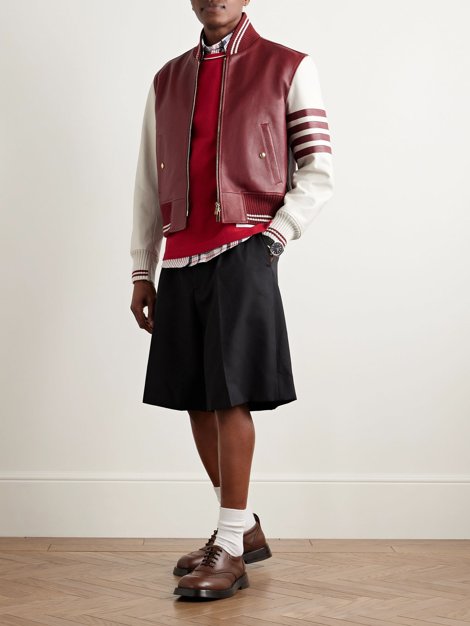 Striped Full-Grain Leather Bomber Jacket Burgundy - 2