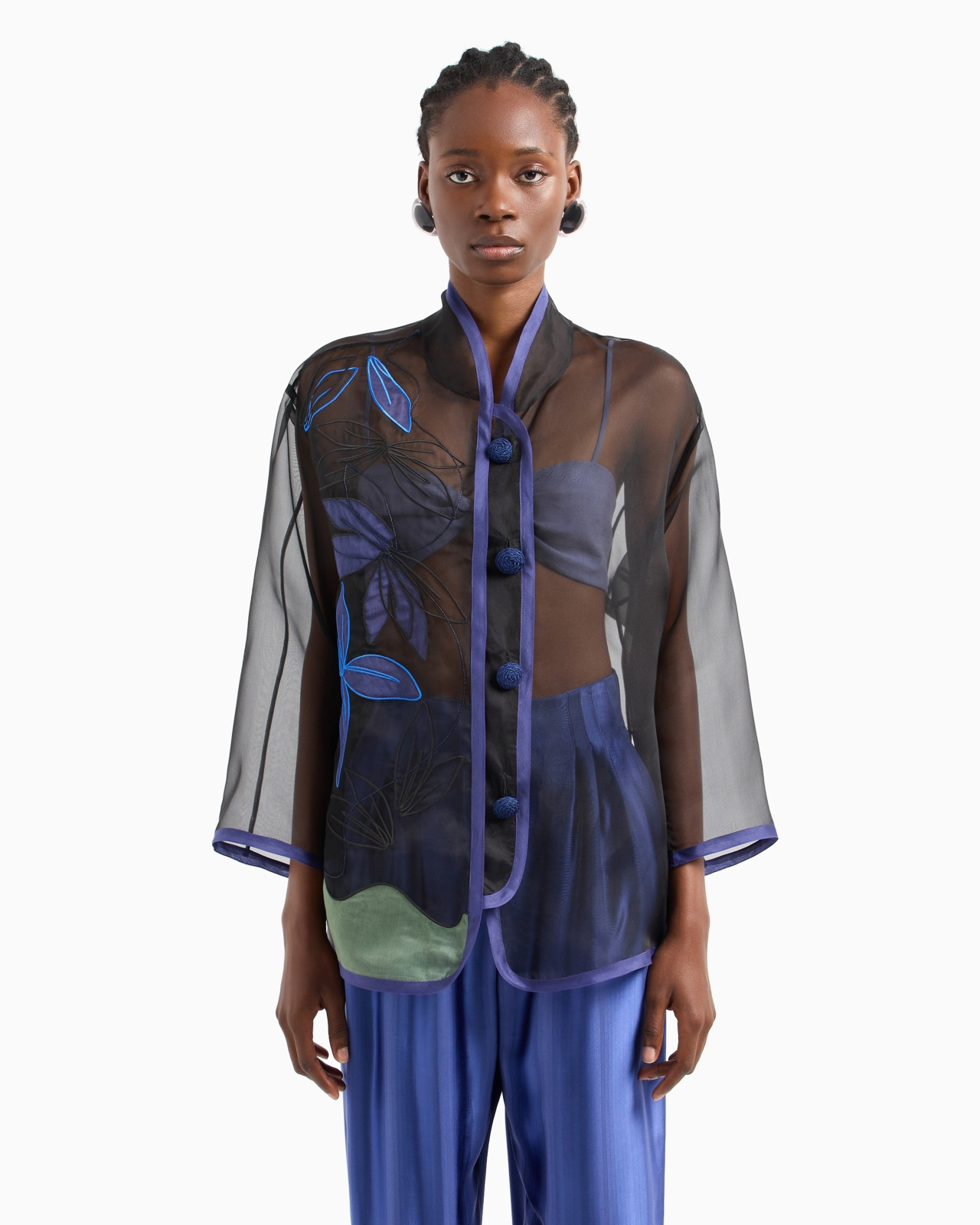 Pure silk organza shirt jacket with floral embroidery - 2
