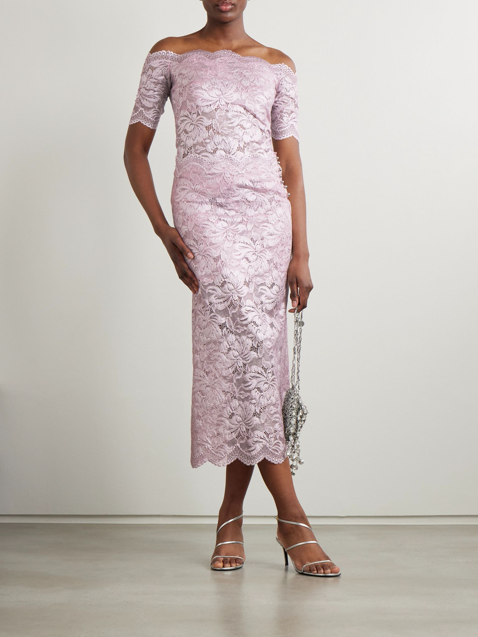 Scalloped metallic stretch-lace midi skirt Pink - 2