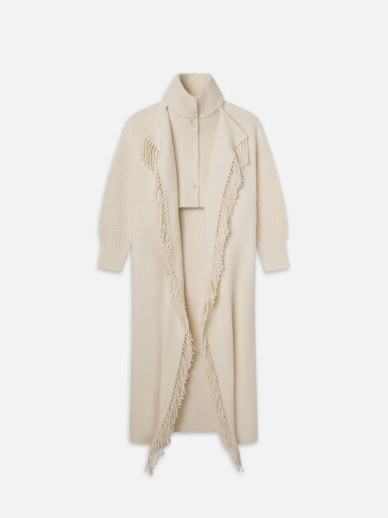 Jacquard Fringe Coat in Stone 1
