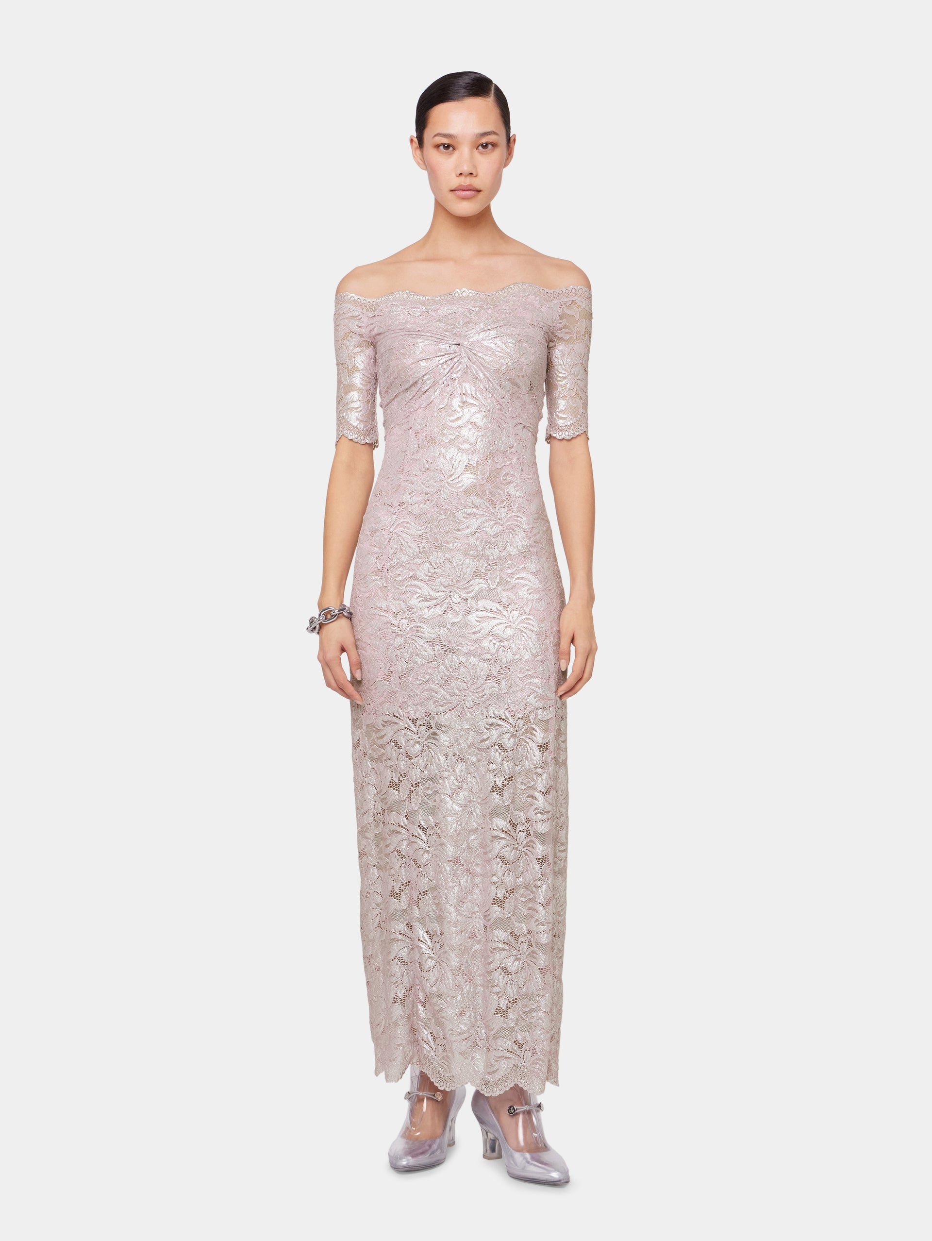 PINK LONG DRESS IN LACE WITH SILVER INDUCTION - 2
