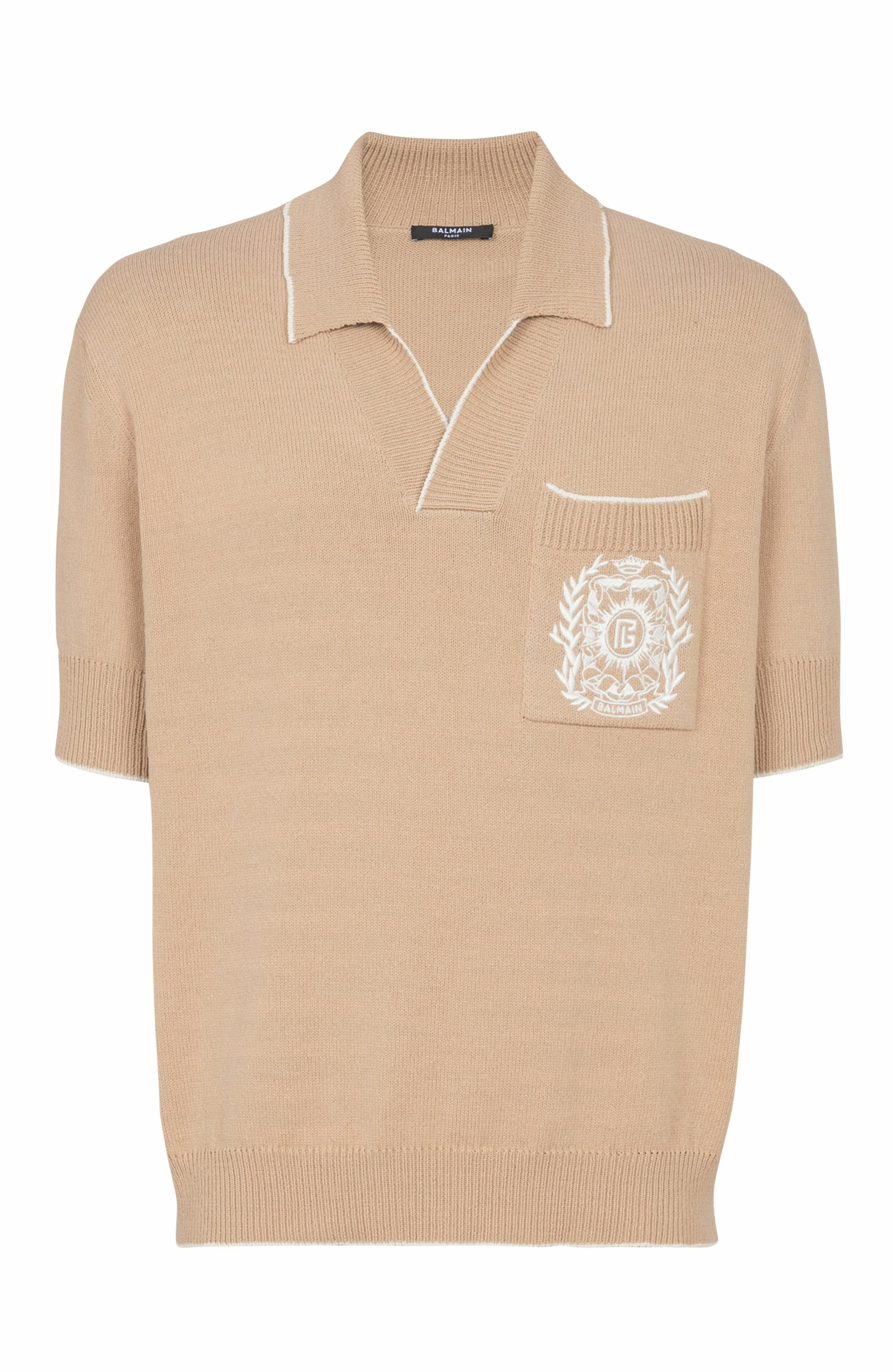 Balmain Écusson embroidered knit polo shirt in Beige at Nordstrom - 1