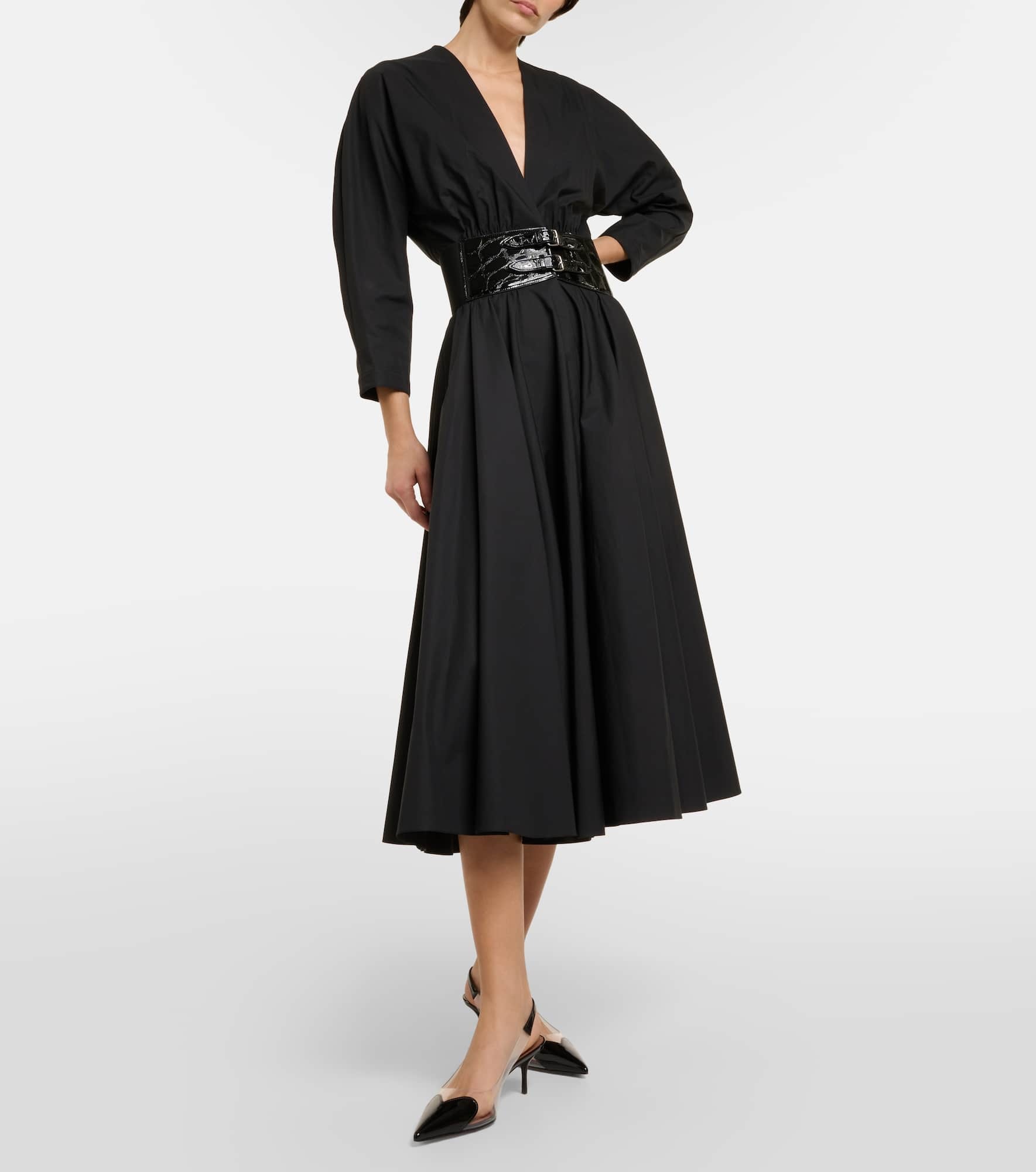 Leather-trimmed cotton midi dress - 2