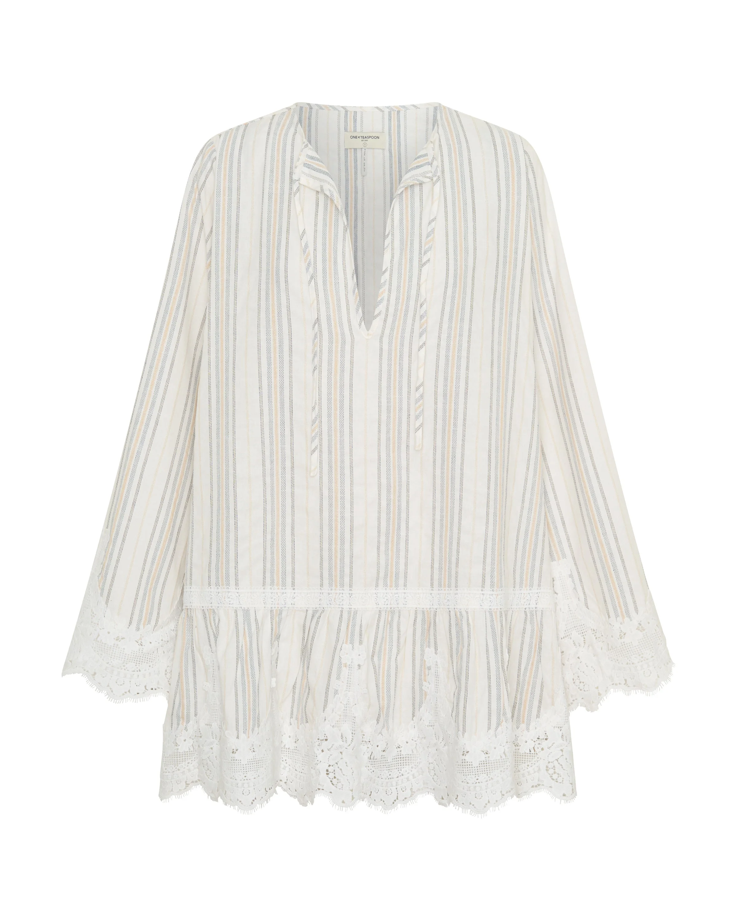 Moonlight Prairie Lace Longsleeve Mini Dress - White Stripe - 1
