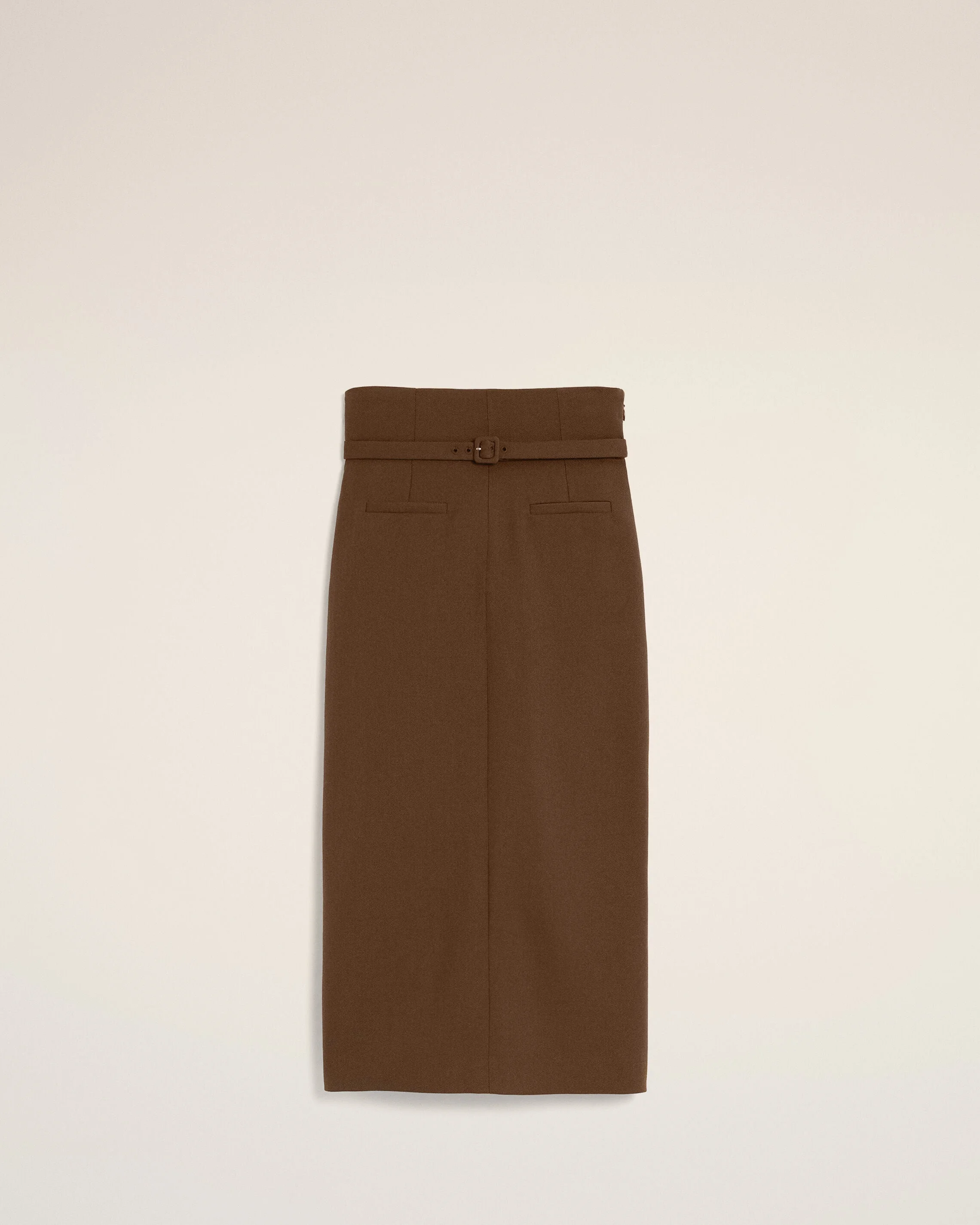 BROWN PENCIL BELTED WOOL SKIRT - 1