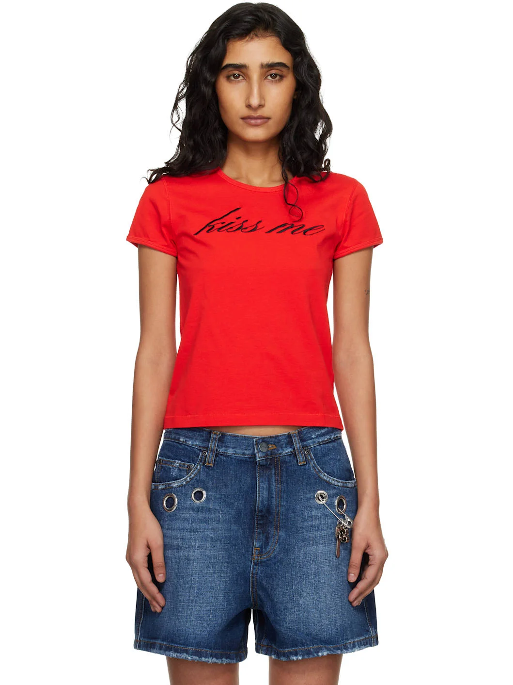 Red 'Kiss Me' Shrunken T-shirt - 1