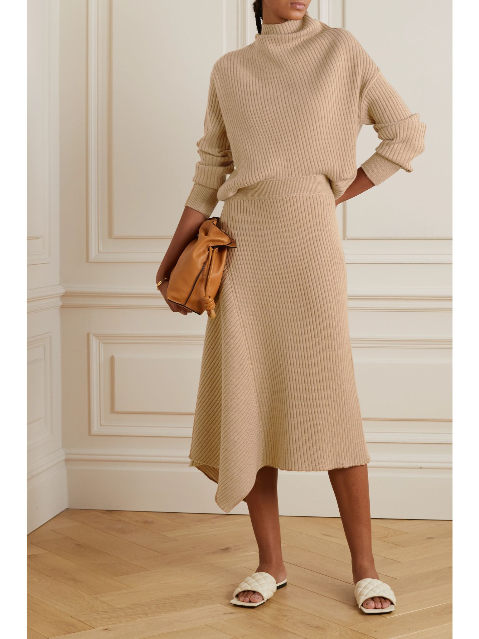 Asymmetric ribbed cashmere midi skirt Beige - 2