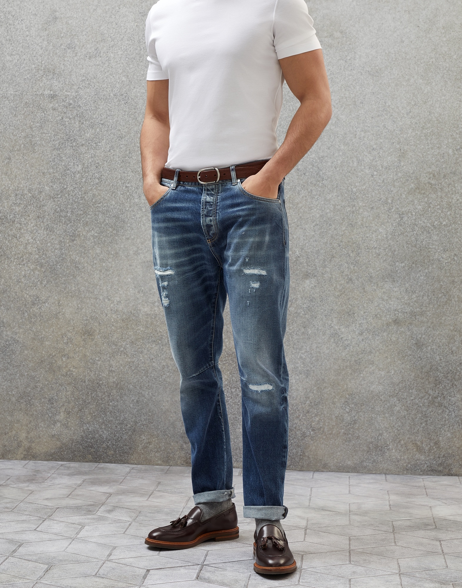 Distressed denim leisure fit five-pocket trousers - 1