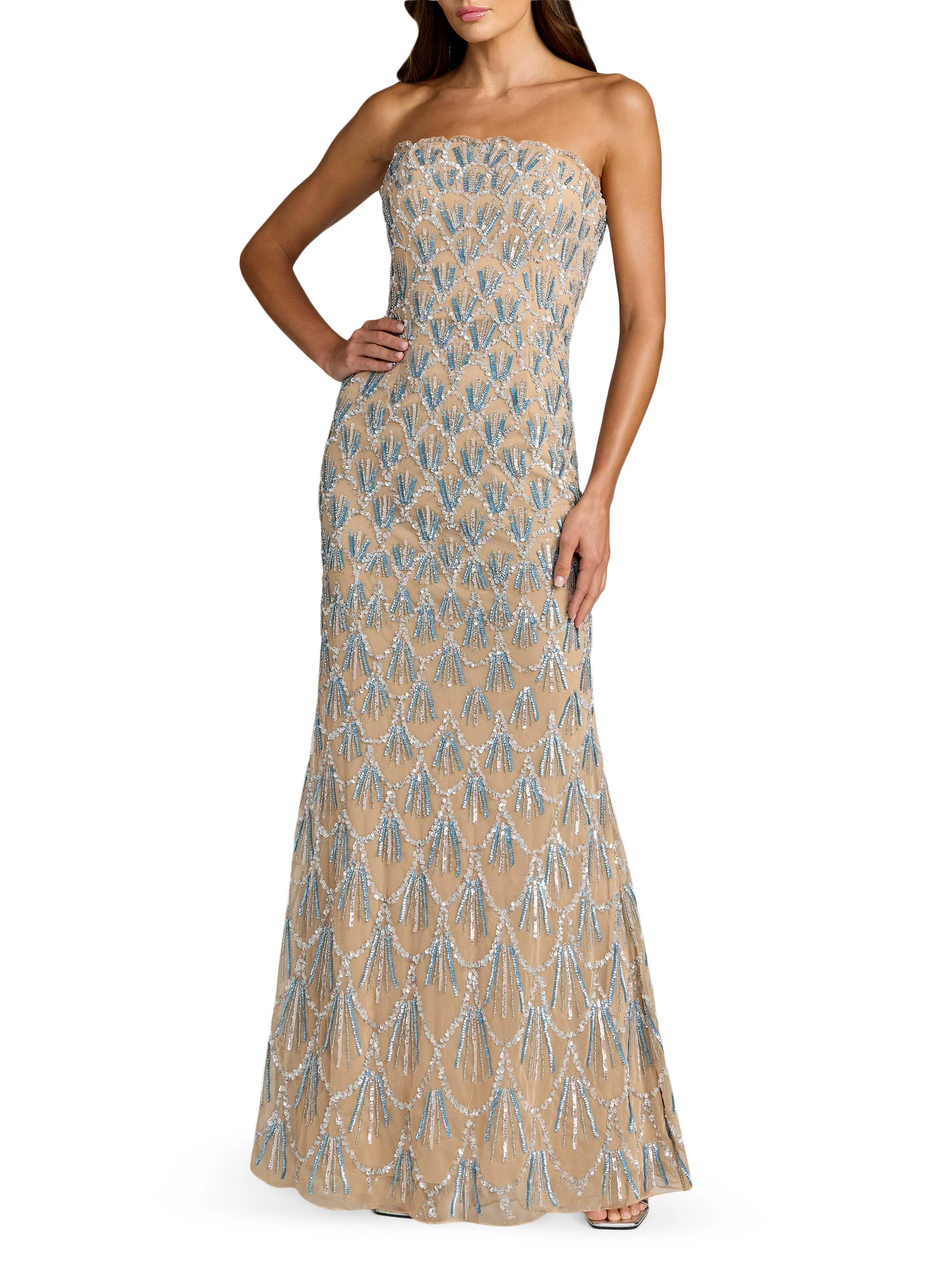 Women's Embellished Mesh Trumpet Gown - Beige Silver - 1