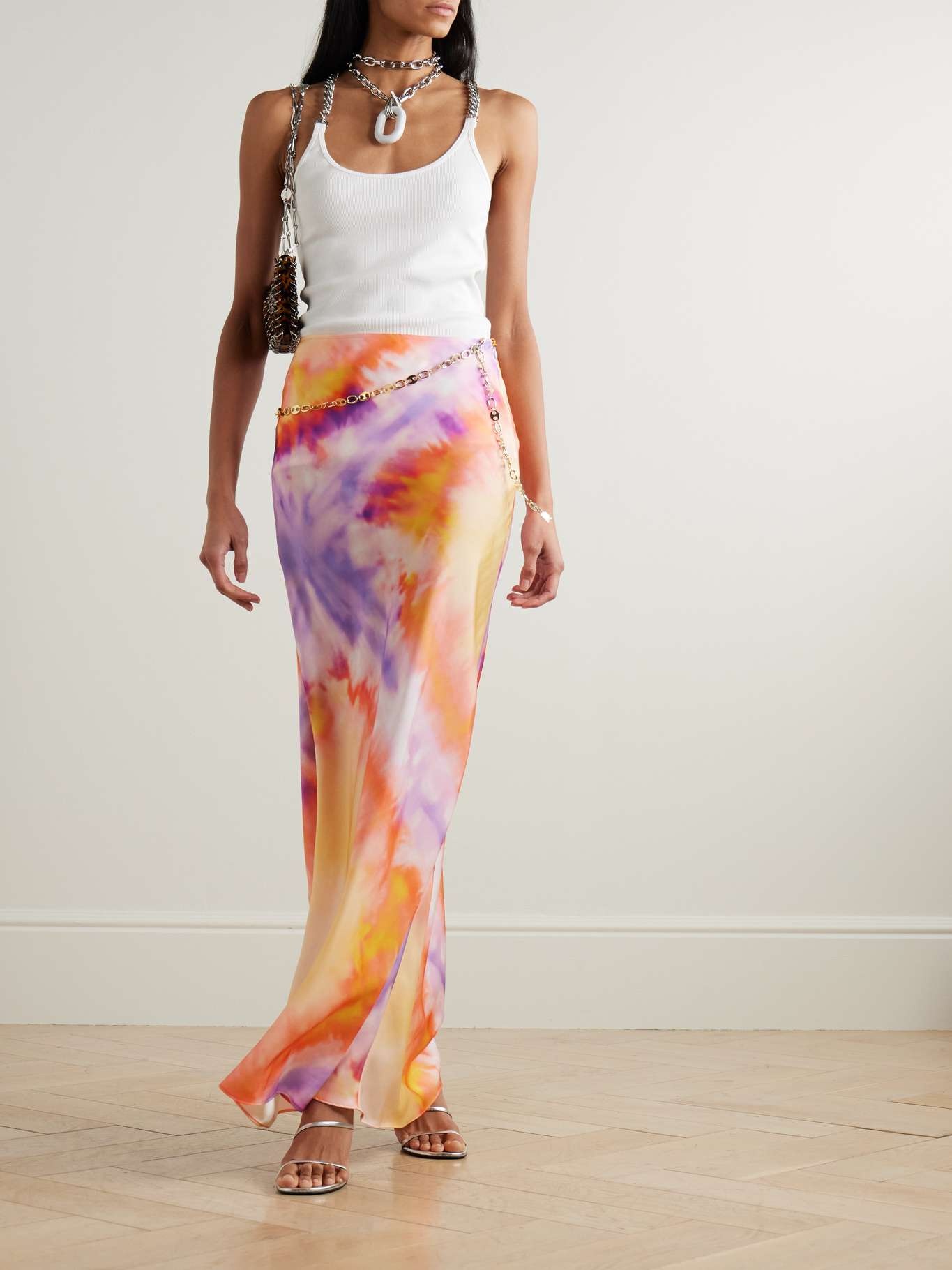 Chainmail-embellished tie-dyed satin maxi skirt Orange - 2