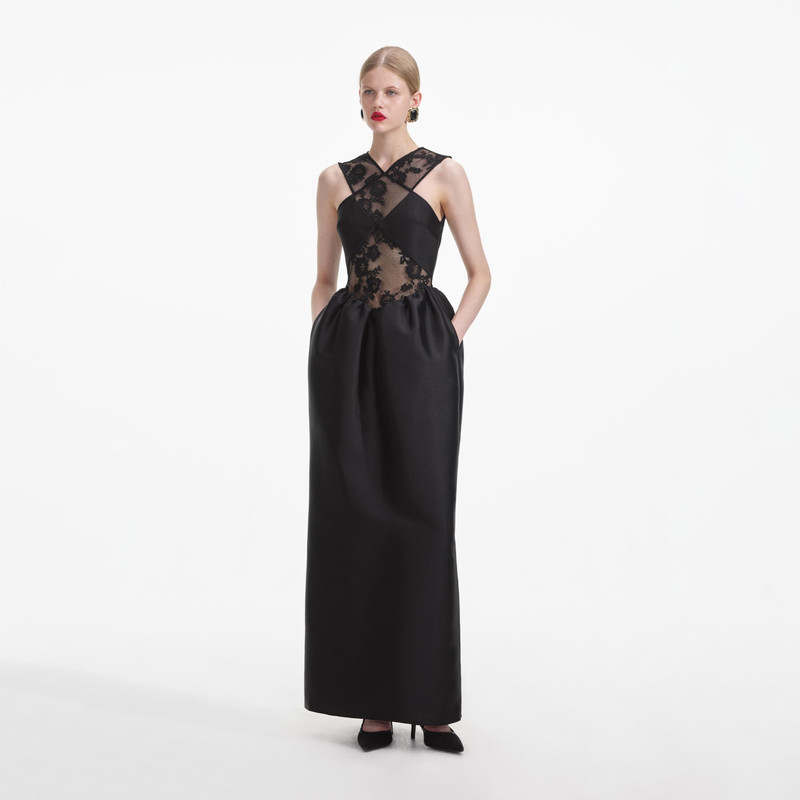 self-portrait Black Lace Taffeta Maxi Dress - RS25-094X-B | REVERSIBLE