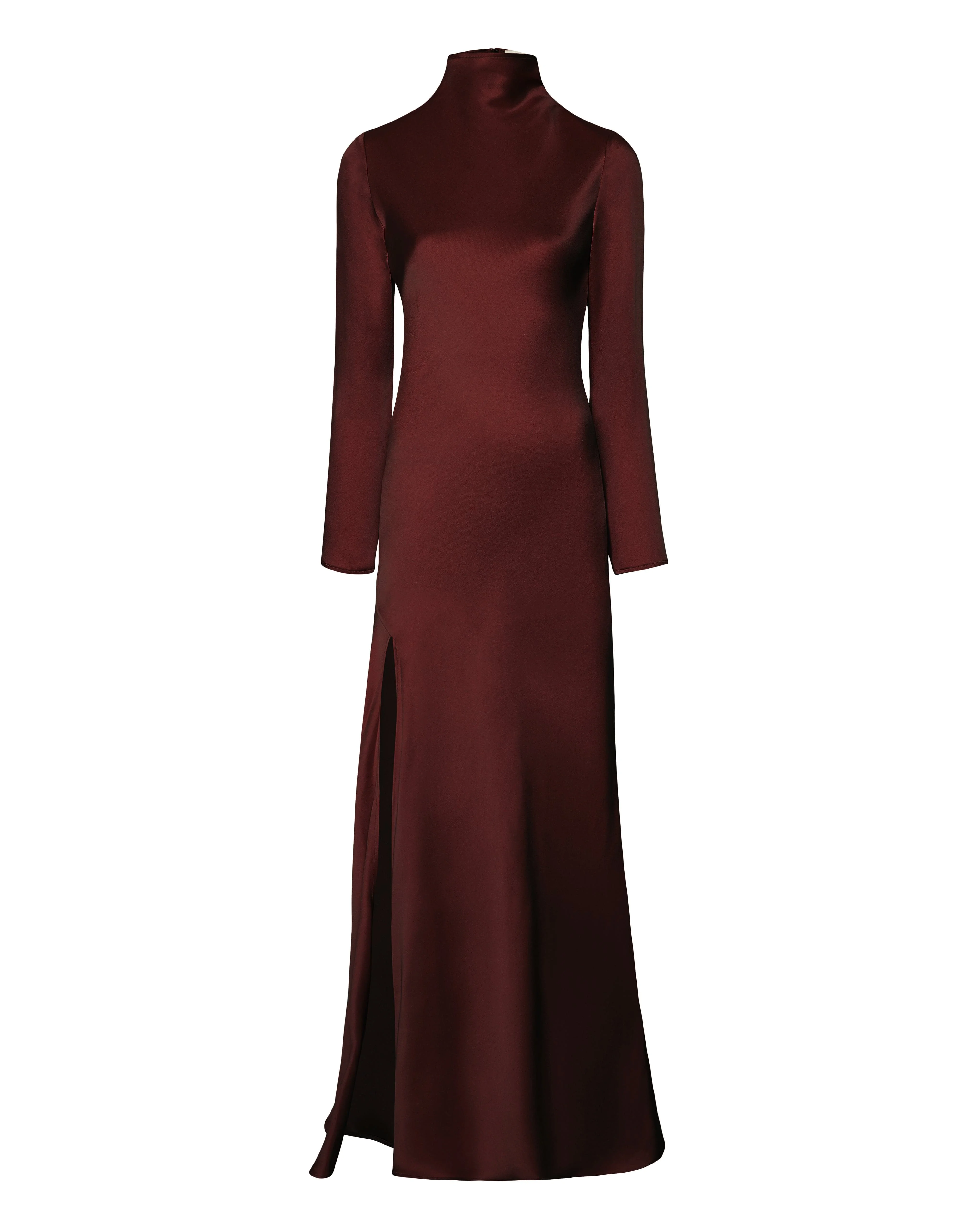 Satin Draped Neck Bias Dress With Slit - 1