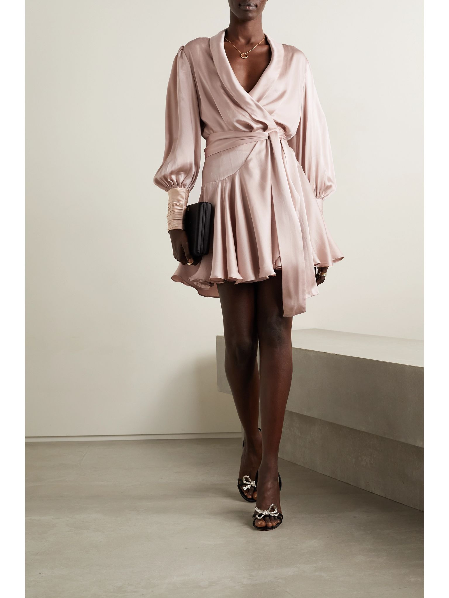 Ruffled silk-satin mini wrap dress Pink - 2