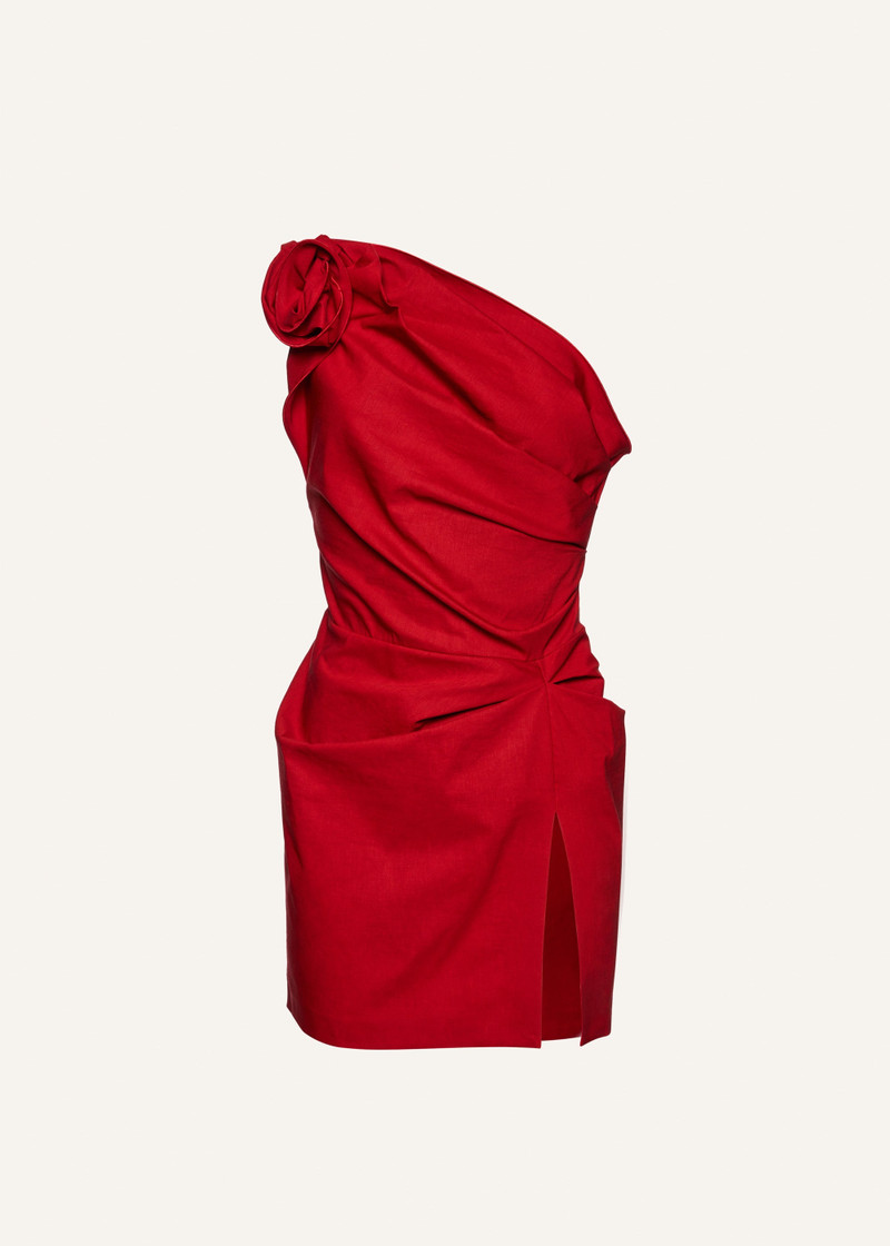 One shoulder ruched linen mini dress in red 1