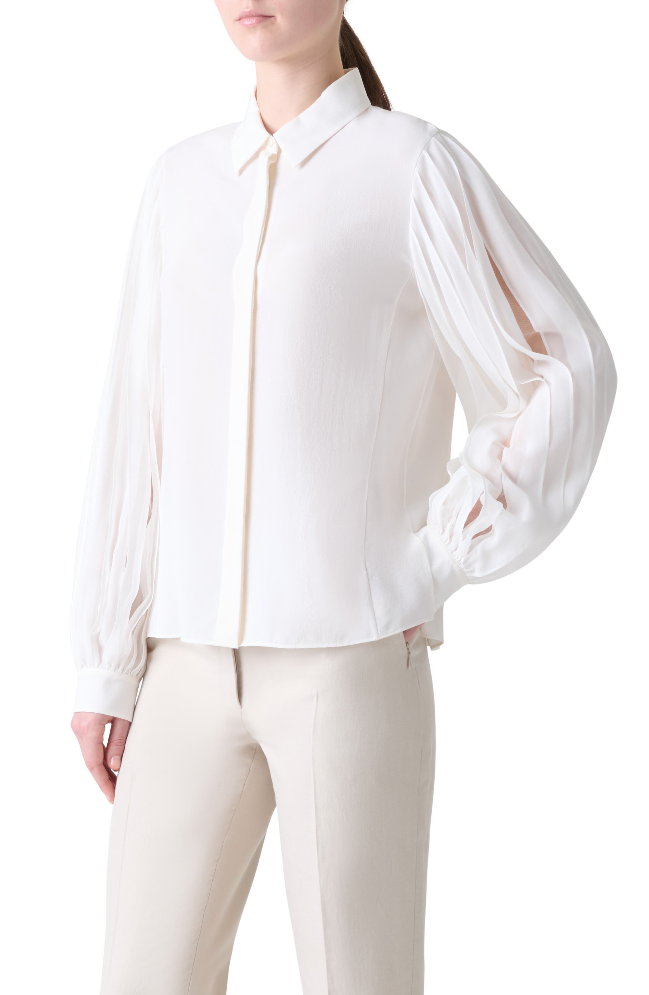 Akris Ribbon Sleeve Silk Button-Up Shirt in Ecru at Nordstrom - 3