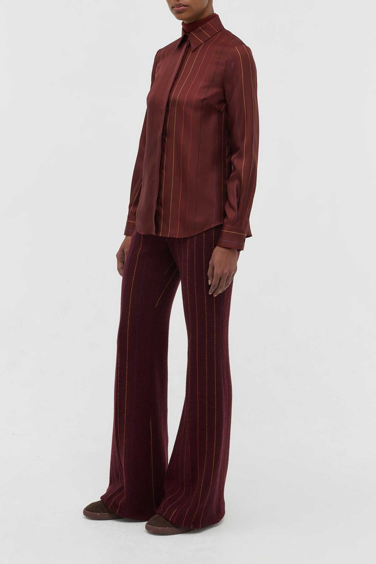Henri Blouse in Burnt Sienna Multi Pinstripe Silk Twill - 2