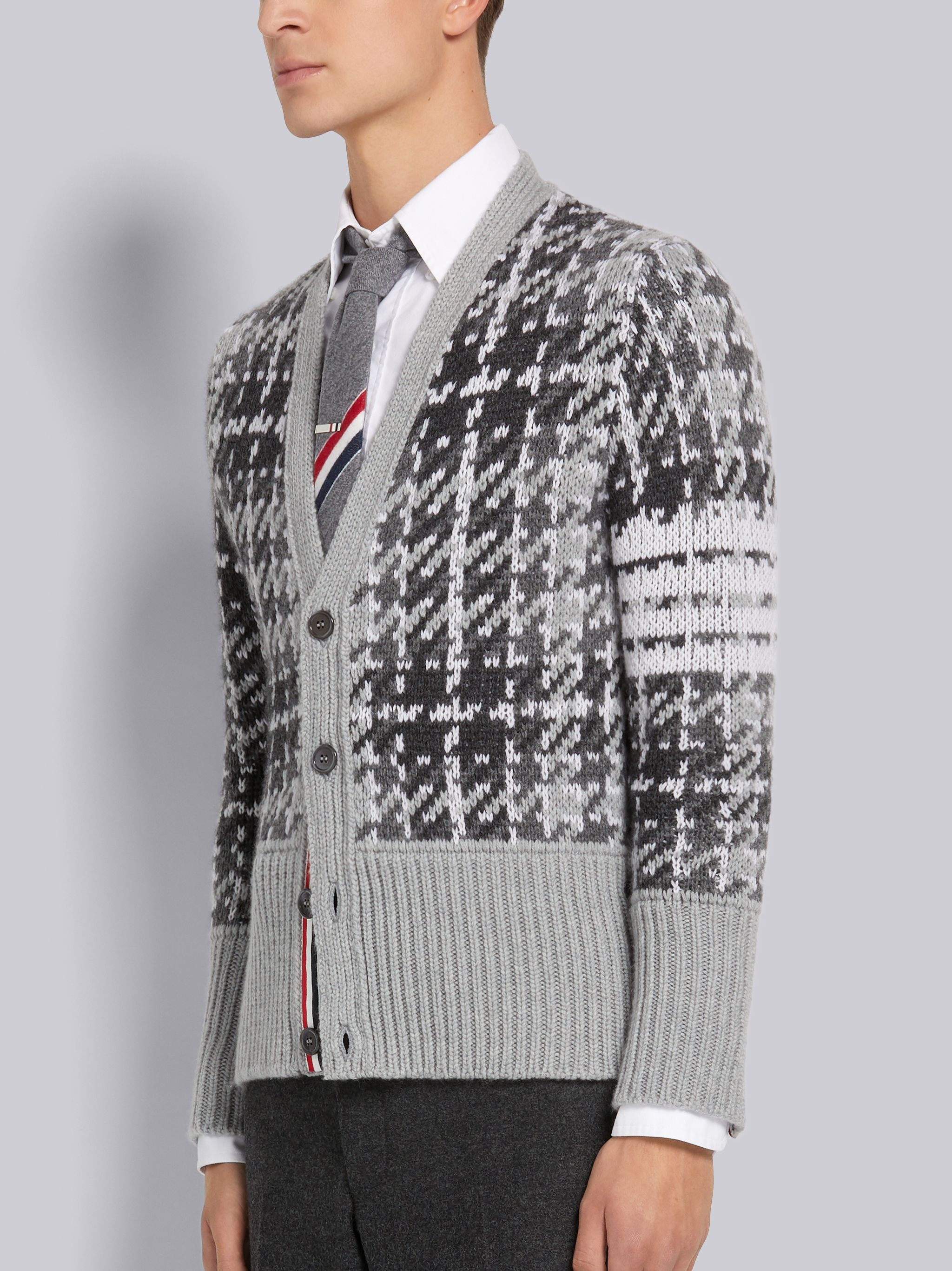 Tonal Grey Windowpane Check Jacquard Cashmere 4-Bar Stripe Classic V-Neck Cardigan - 2