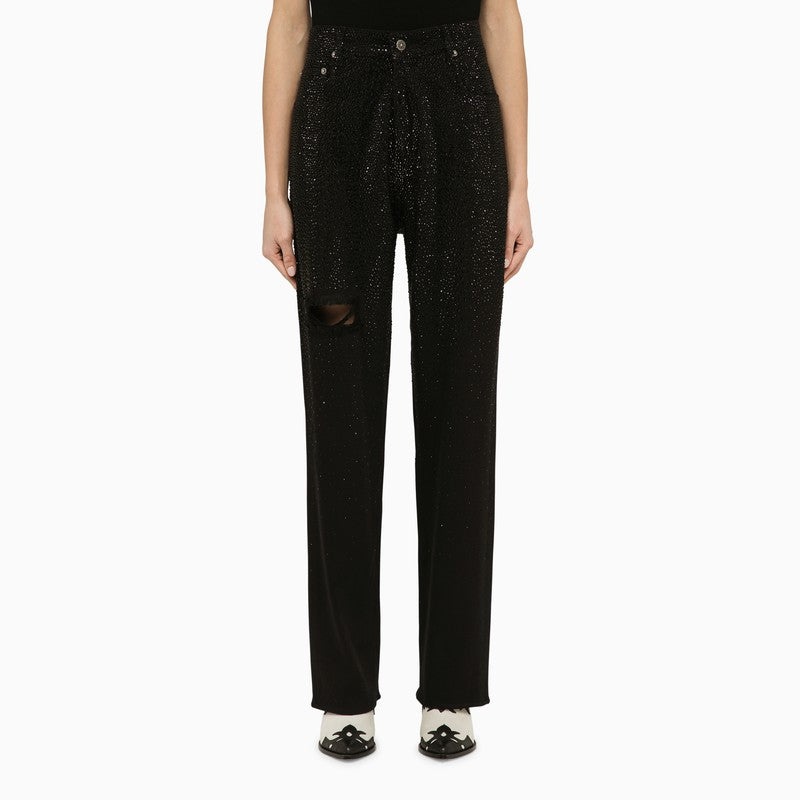 BLACK DENIM TROUSERS WITH CRYSTALS - 1