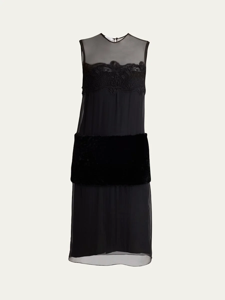 Silk Chiffon Velvet Panel Sleeveless Midi Dress - 1
