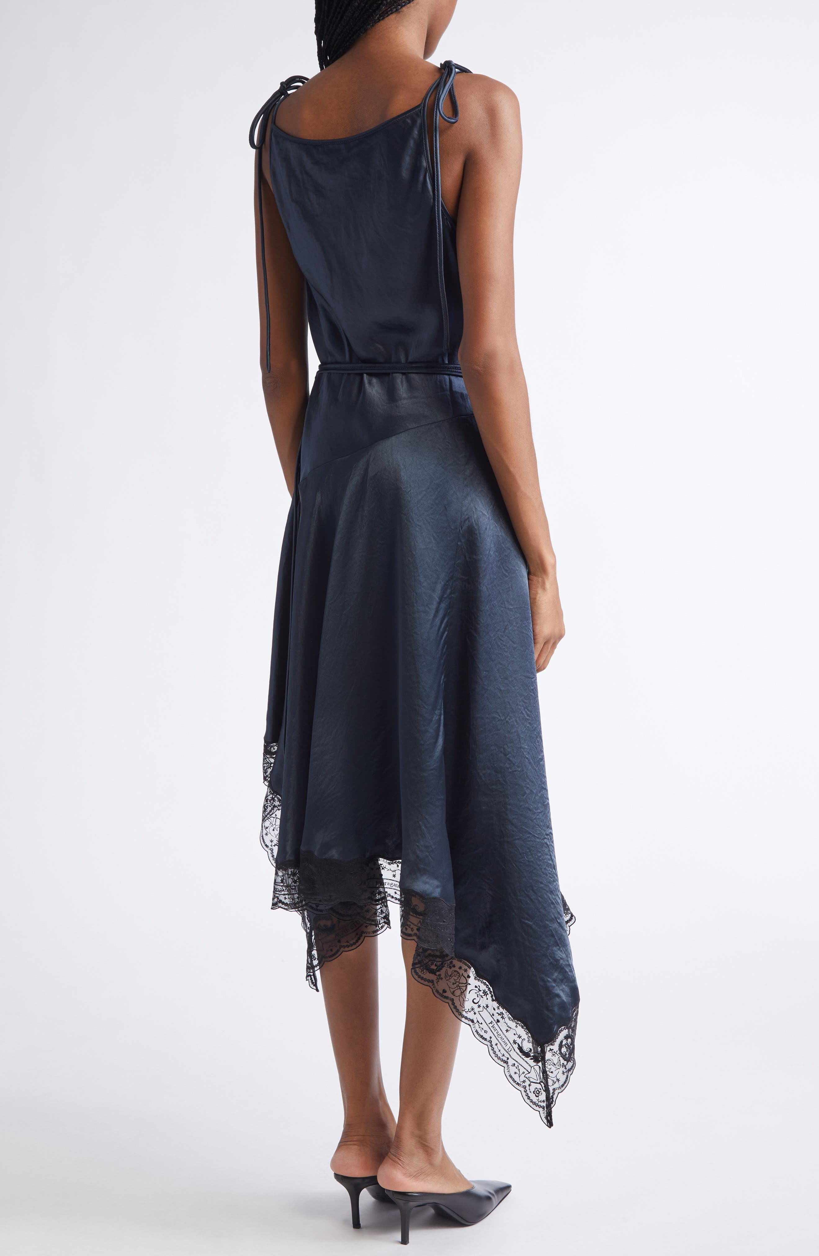 Acne Studios Doyla Lace Trim Crinkled Satin Asymmetric Dress in Petrol Blue at Nordstrom - 2