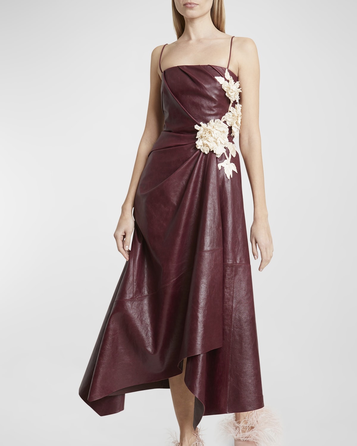 Leather Asymmetric Draped Floral Applique Dress - 7