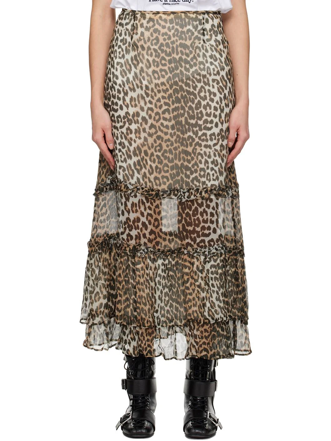 Multicolor Leopard Long Chiffon Ruffle Maxi Skirt - 1