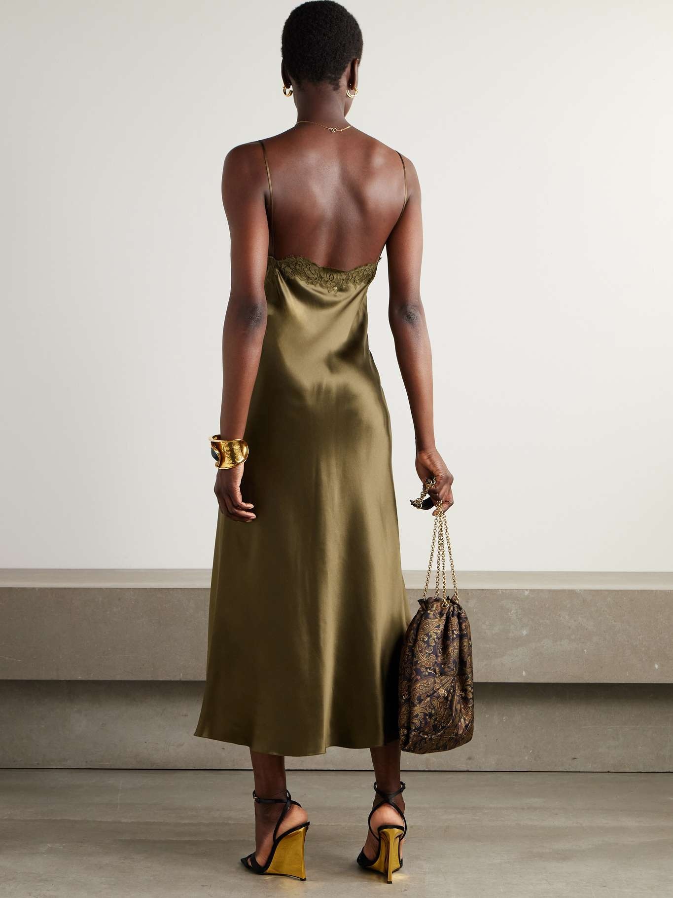 Lace-trimmed silk-satin midi dress Green - 3