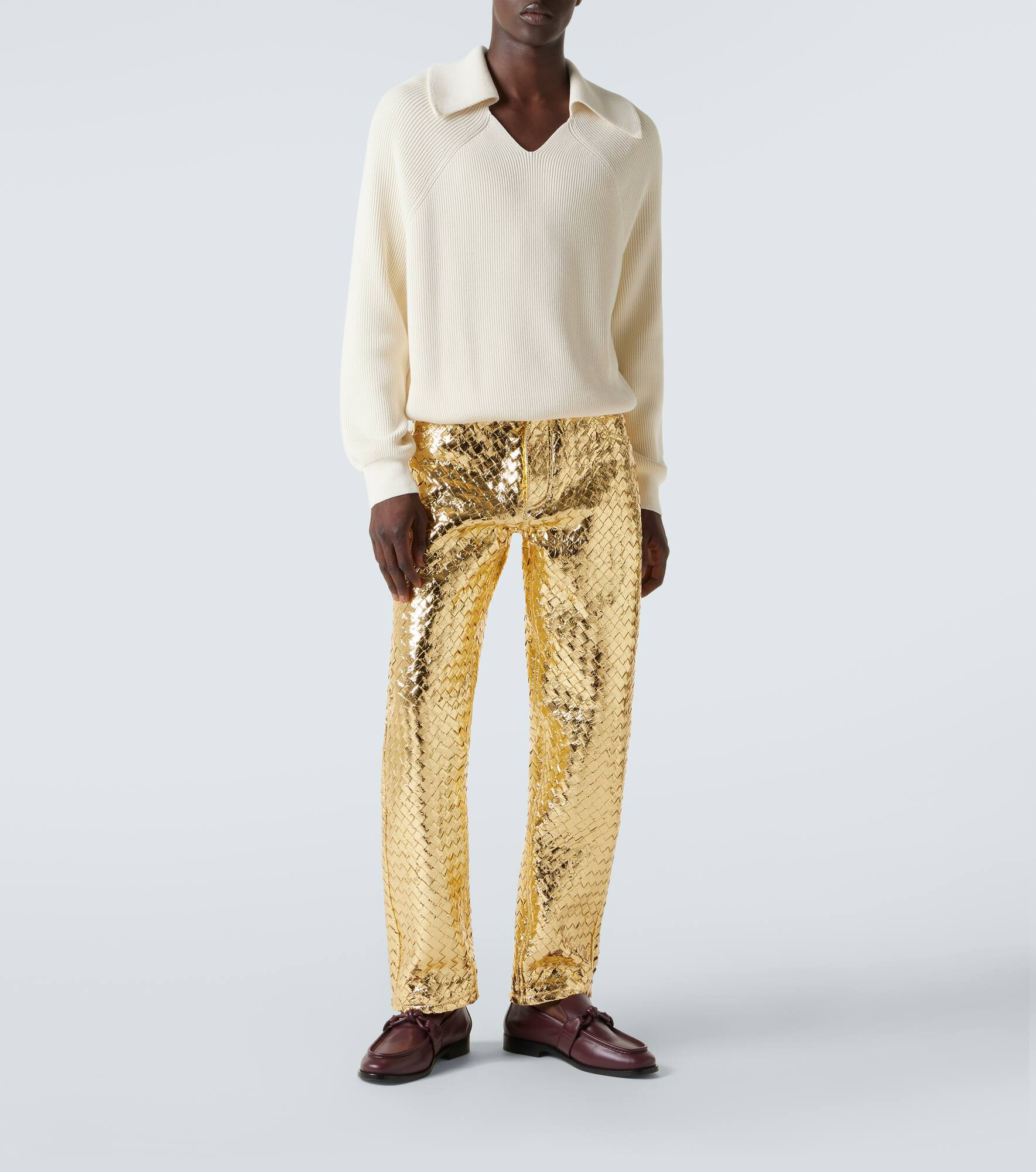 Intrecciato metallic leather straight pants - 2