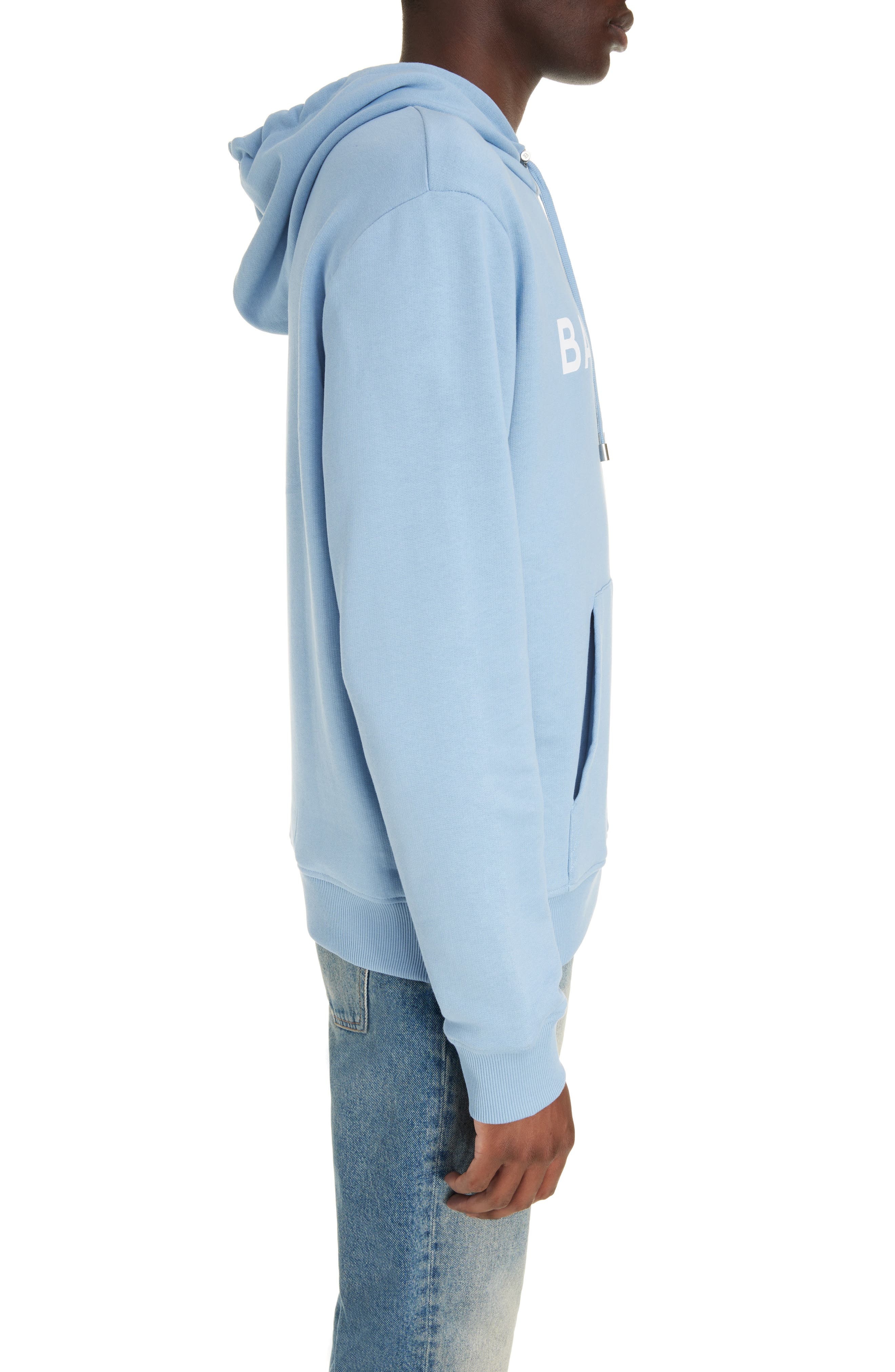 Balmain Organic Cotton Logo Graphic Hoodie in Slj Pale Blue/White at Nordstrom - 4