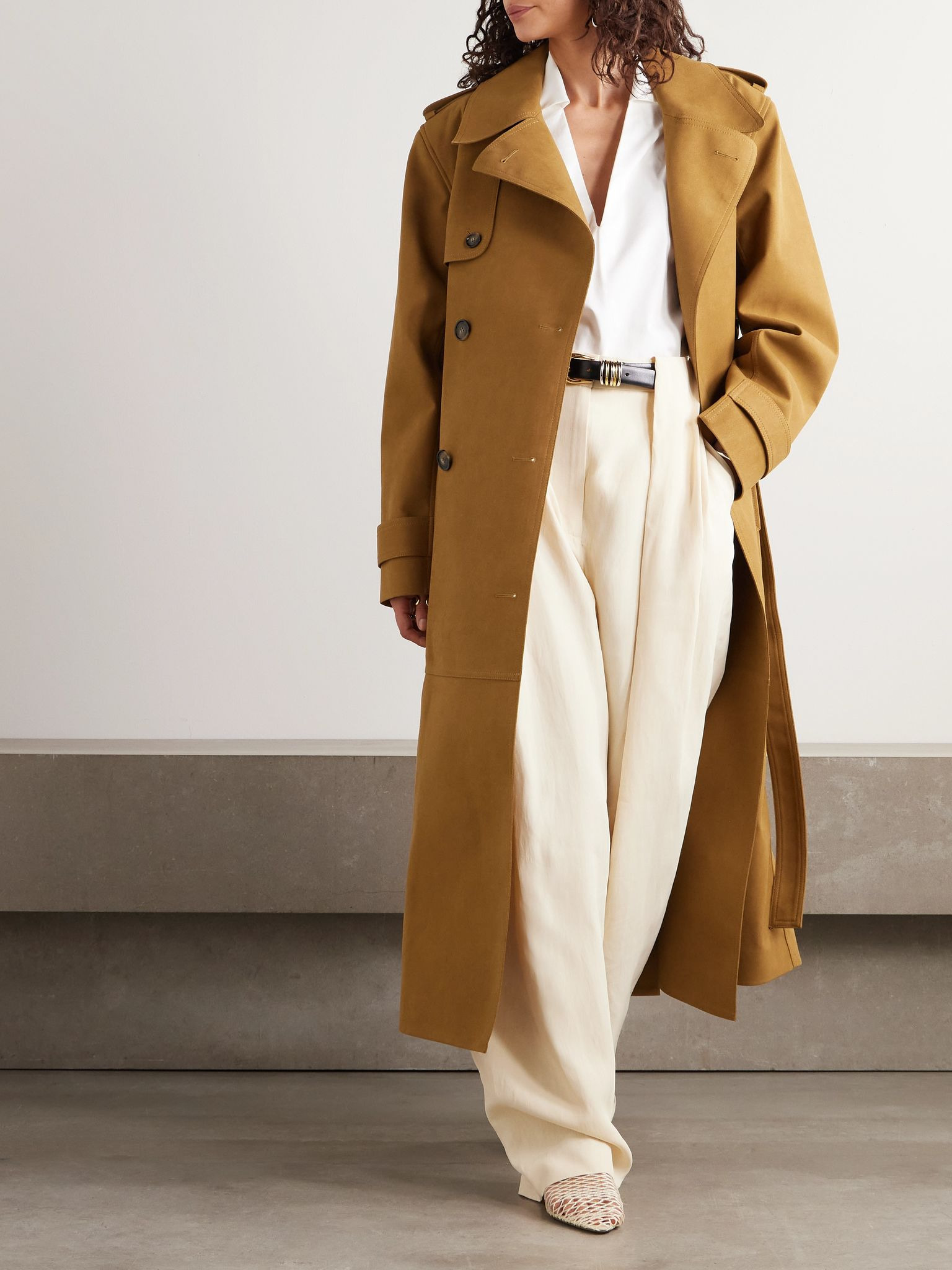 Oversized double-breasted belted brushed trench coat Tan - 2