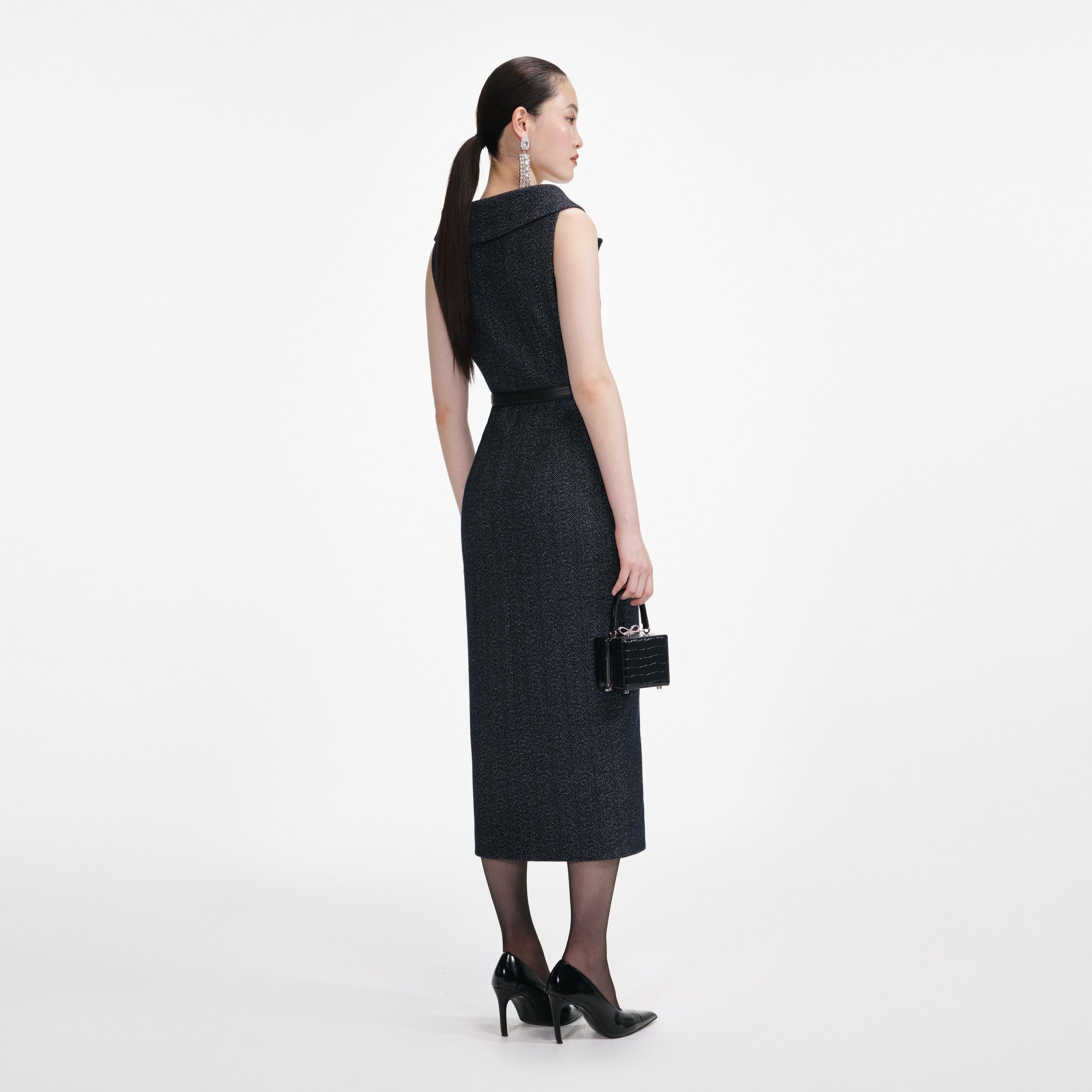 Navy Herringbone Wool Midi Dress - 3