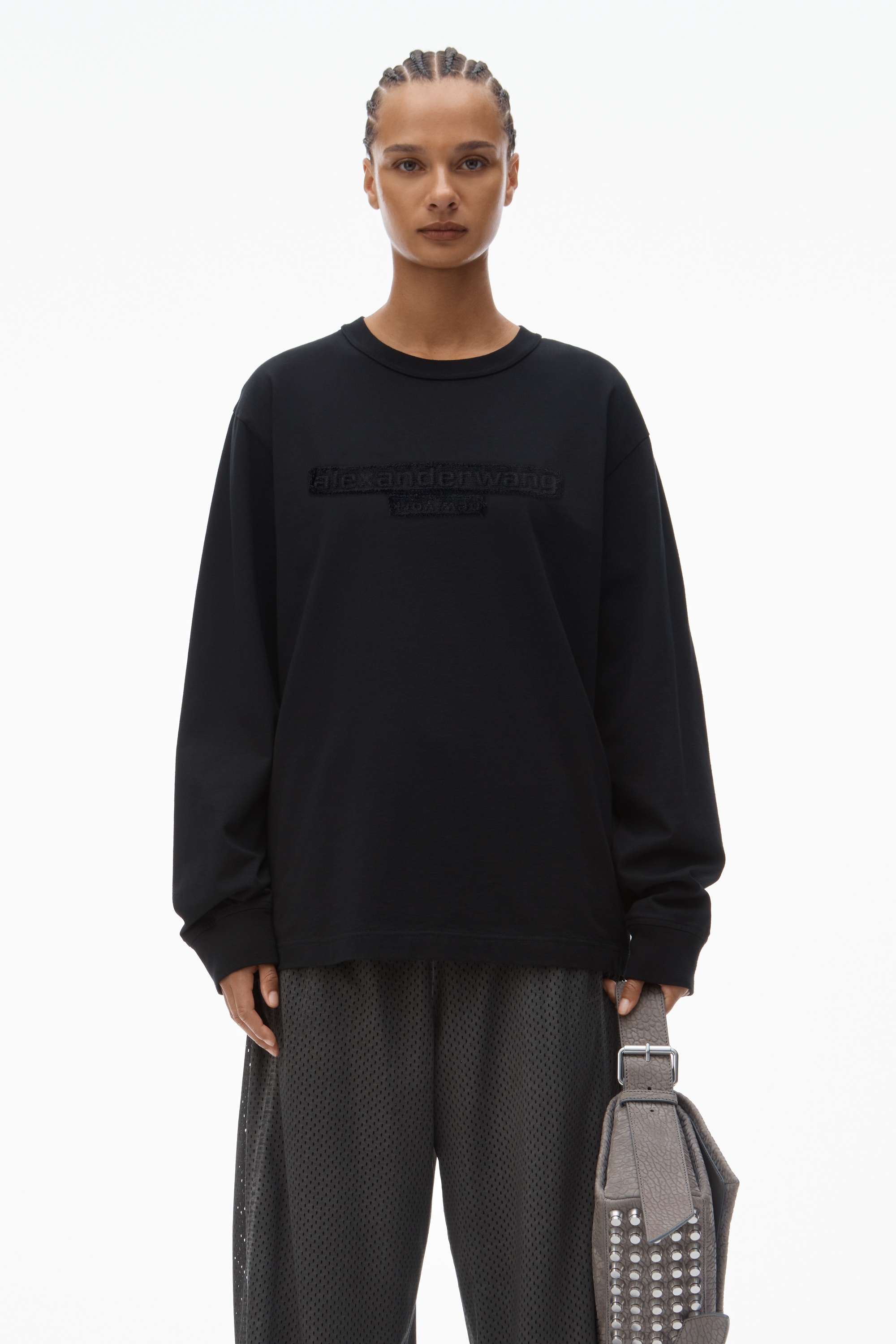 Unisex Long-Sleeve Tee with Distressed Logo in Cotton Jersey - 2
